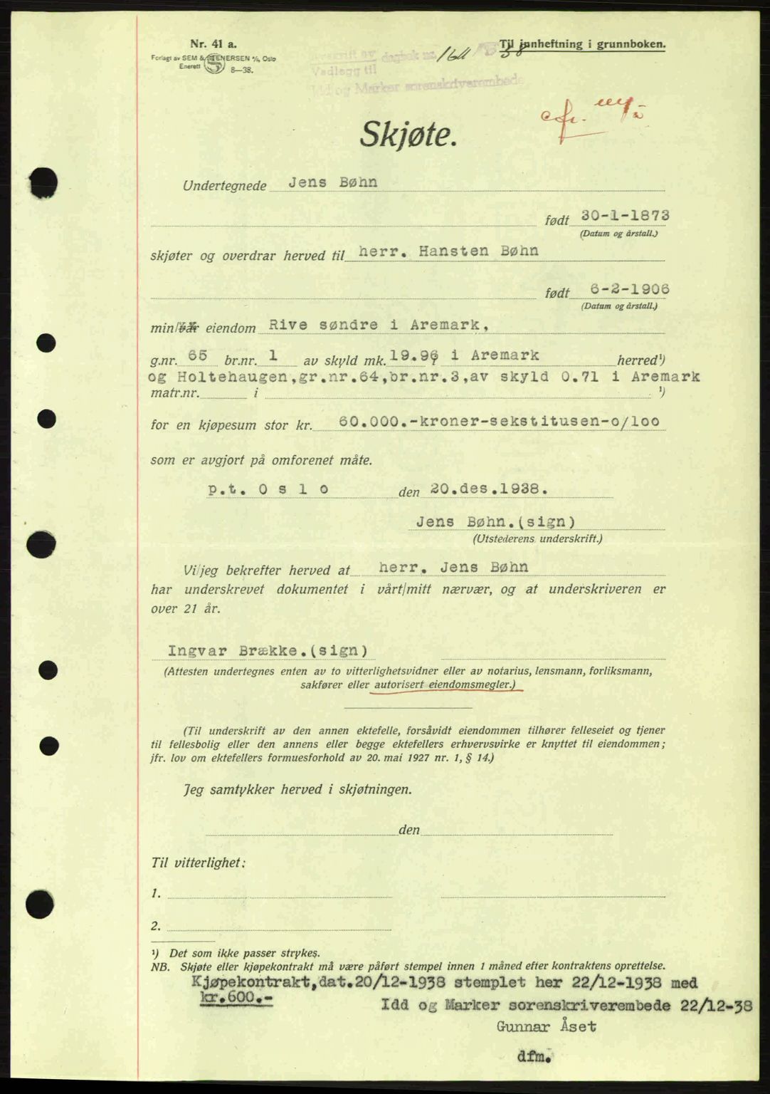 Idd og Marker sorenskriveri, AV/SAO-A-10283/G/Gb/Gbb/L0003: Mortgage book no. A3, 1938-1939, Diary no: : 1611/1938