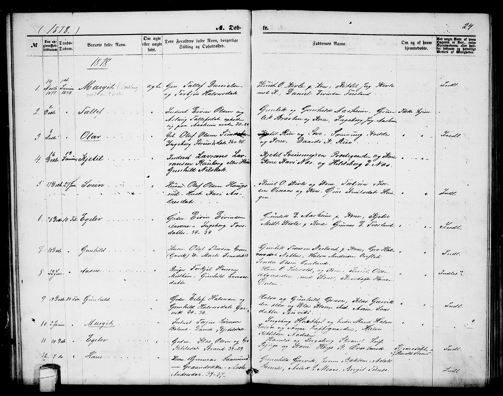 Seljord kirkebøker, SAKO/A-20/G/Ga/L0004: Parish register (copy) no. I 4, 1873-1886, p. 24