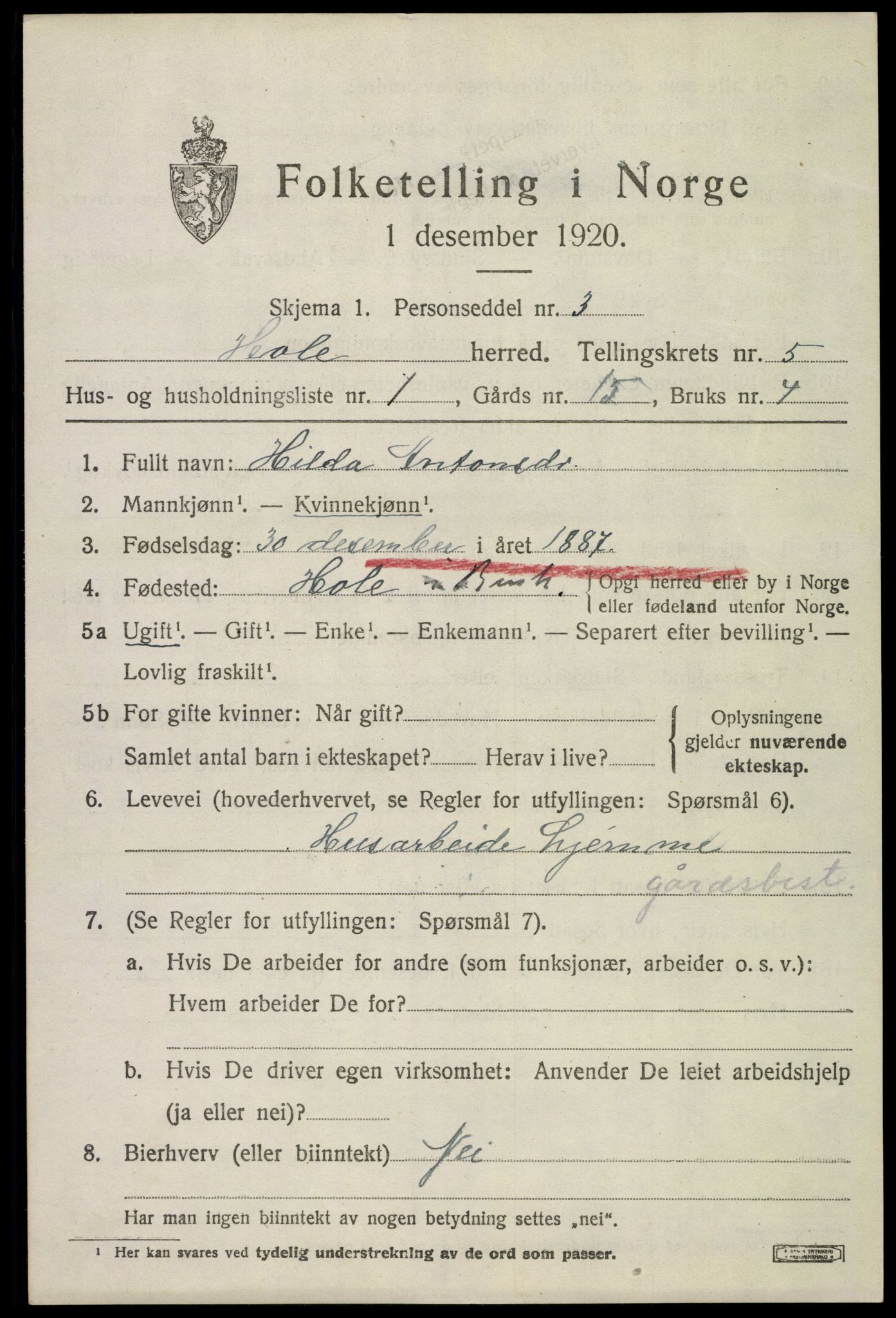 SAKO, 1920 census for Hole, 1920, p. 3371