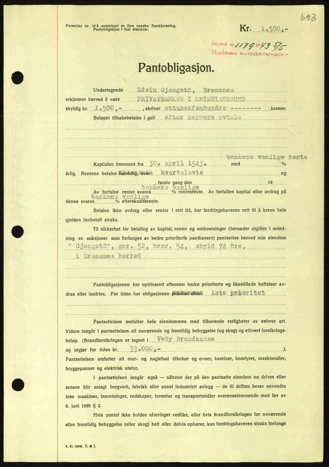 Nordmøre sorenskriveri, AV/SAT-A-4132/1/2/2Ca: Mortgage book no. B90, 1942-1943, Diary no: : 1179/1943