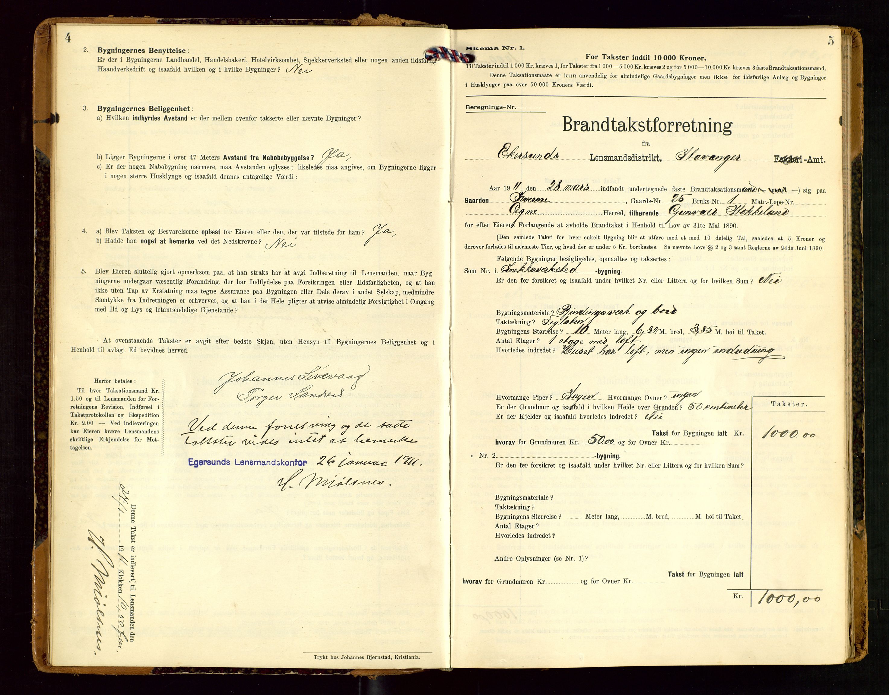 Eigersund lensmannskontor, SAST/A-100171/Gob/L0002: "Brandtakstprotokol", 1910-1916, p. 4-5