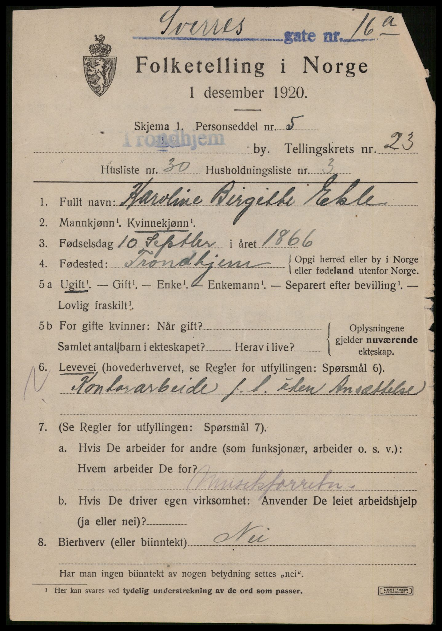 SAT, 1920 census for Trondheim, 1920, p. 65346