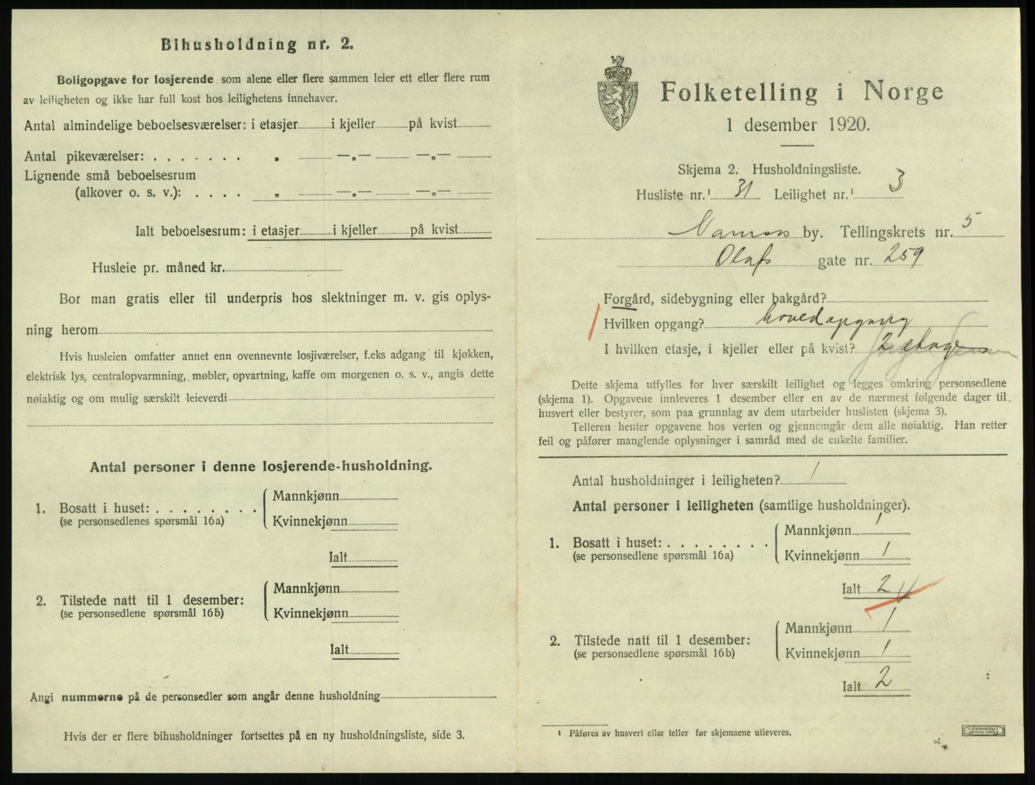 SAT, 1920 census for Namsos, 1920, p. 1721