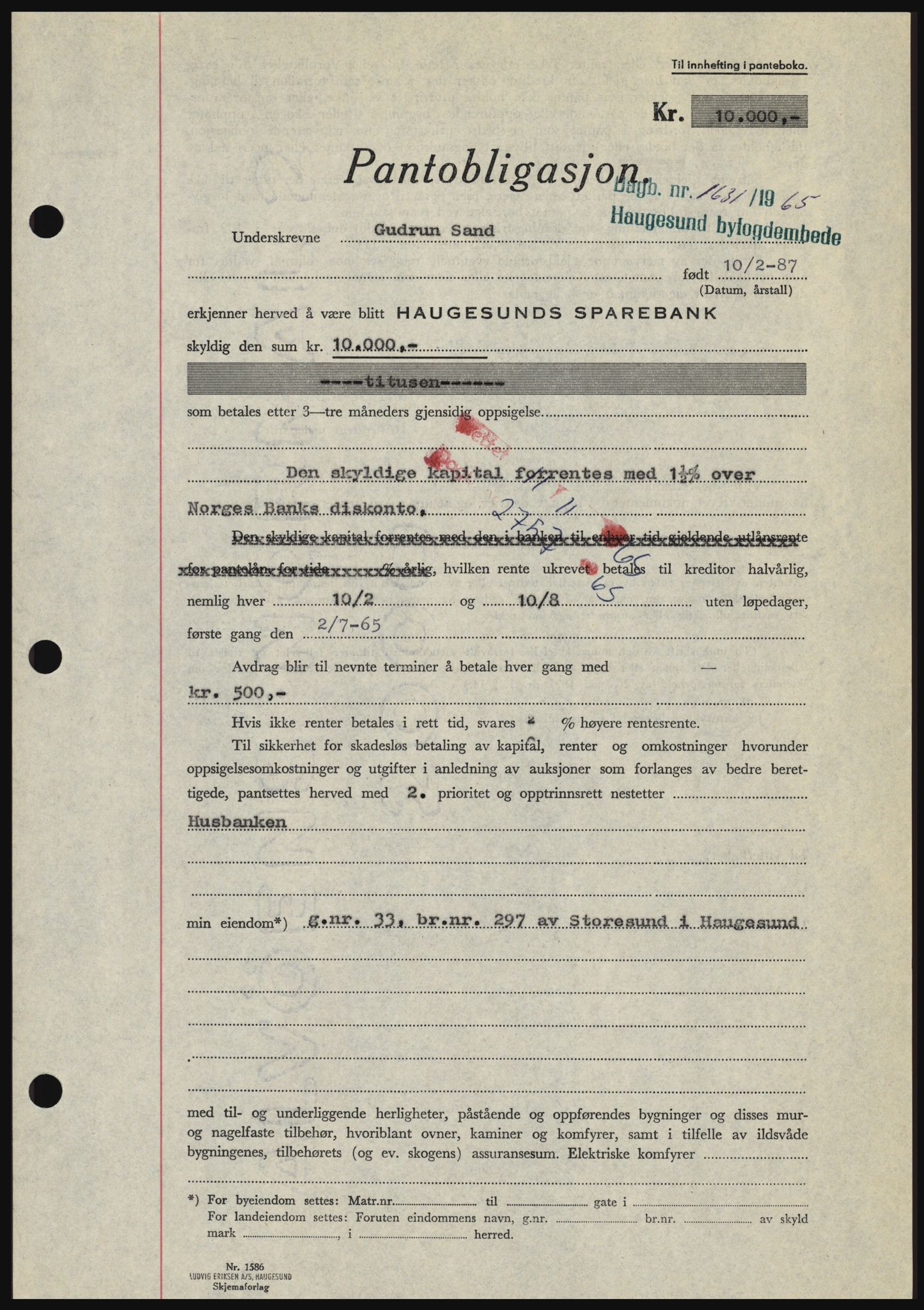 Haugesund tingrett, SAST/A-101415/01/II/IIC/L0053: Mortgage book no. B 53, 1965-1965, Diary no: : 1631/1965