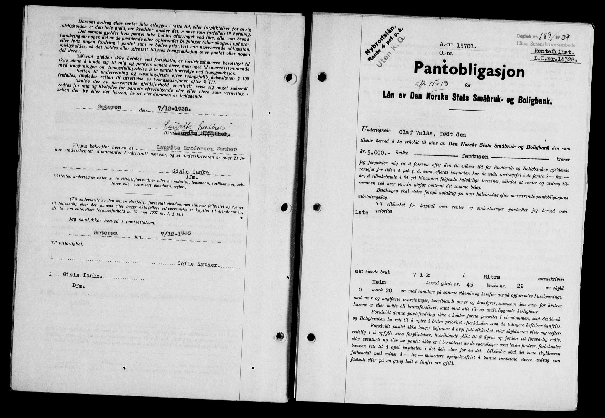 Hitra sorenskriveri, AV/SAT-A-0018/2/2C/2Ca/L0028: Mortgage book no. B-1, 1936-1939, Diary no: : 189/1939