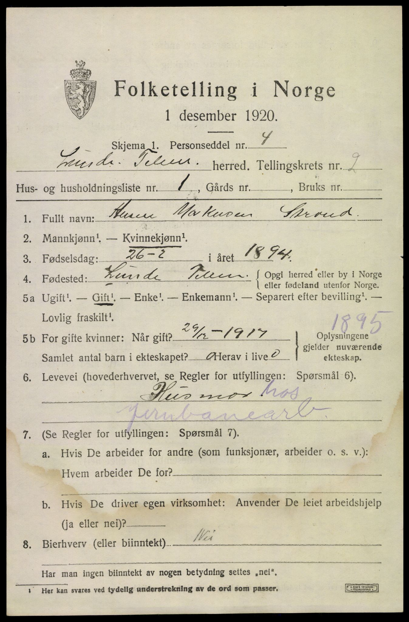SAKO, 1920 census for Lunde, 1920, p. 1633