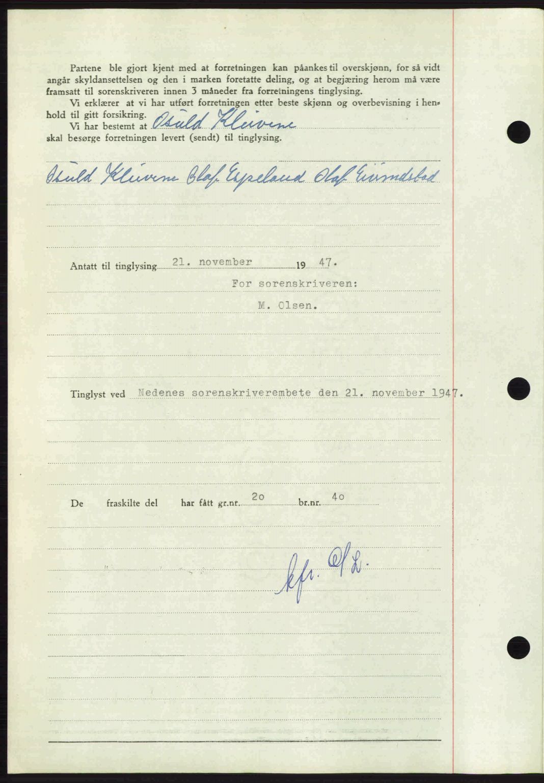 Nedenes sorenskriveri, AV/SAK-1221-0006/G/Gb/Gba/L0058: Mortgage book no. A10, 1947-1948, Diary no: : 1715/1947