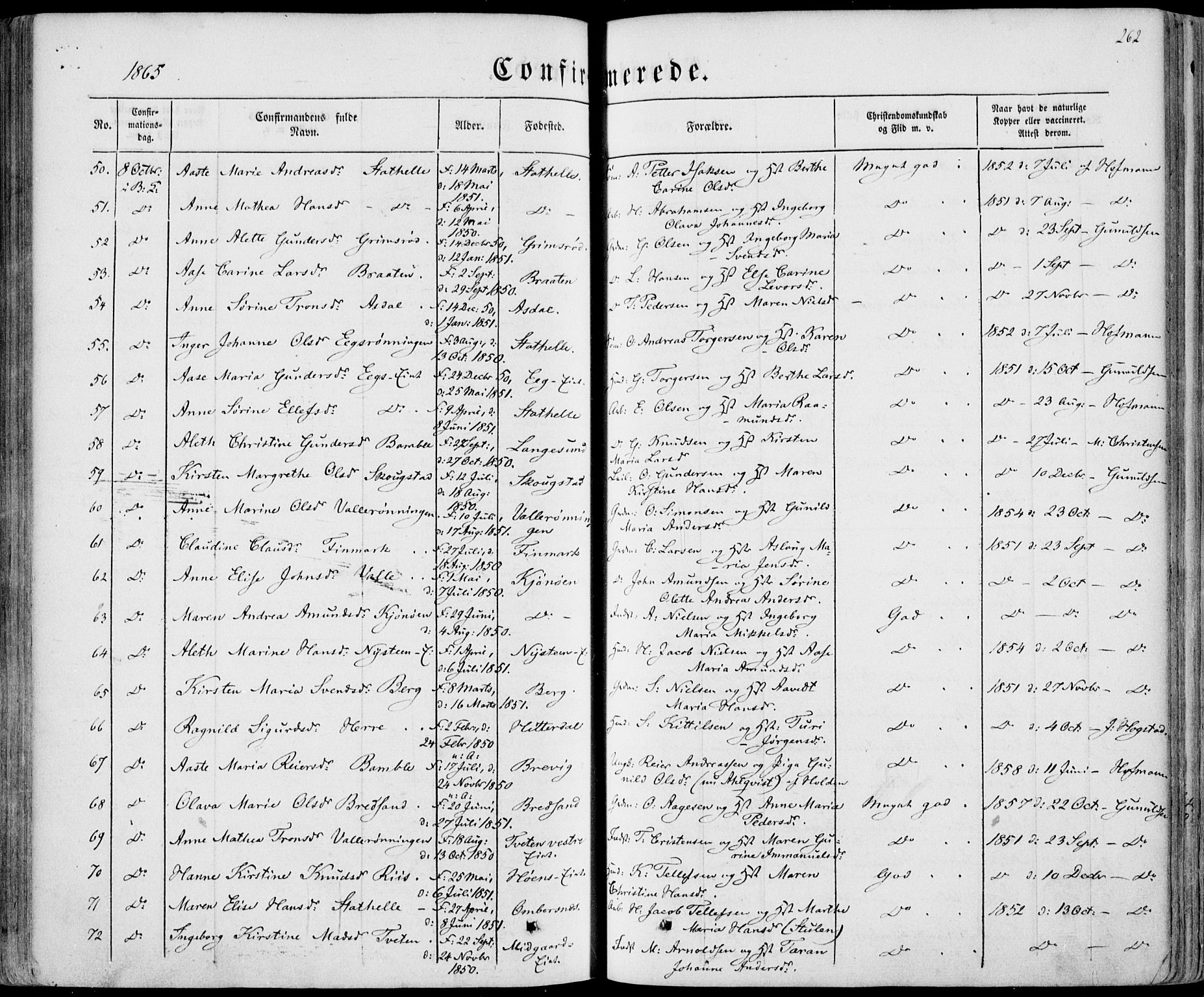 Bamble kirkebøker, SAKO/A-253/F/Fa/L0005: Parish register (official) no. I 5, 1854-1869, p. 262