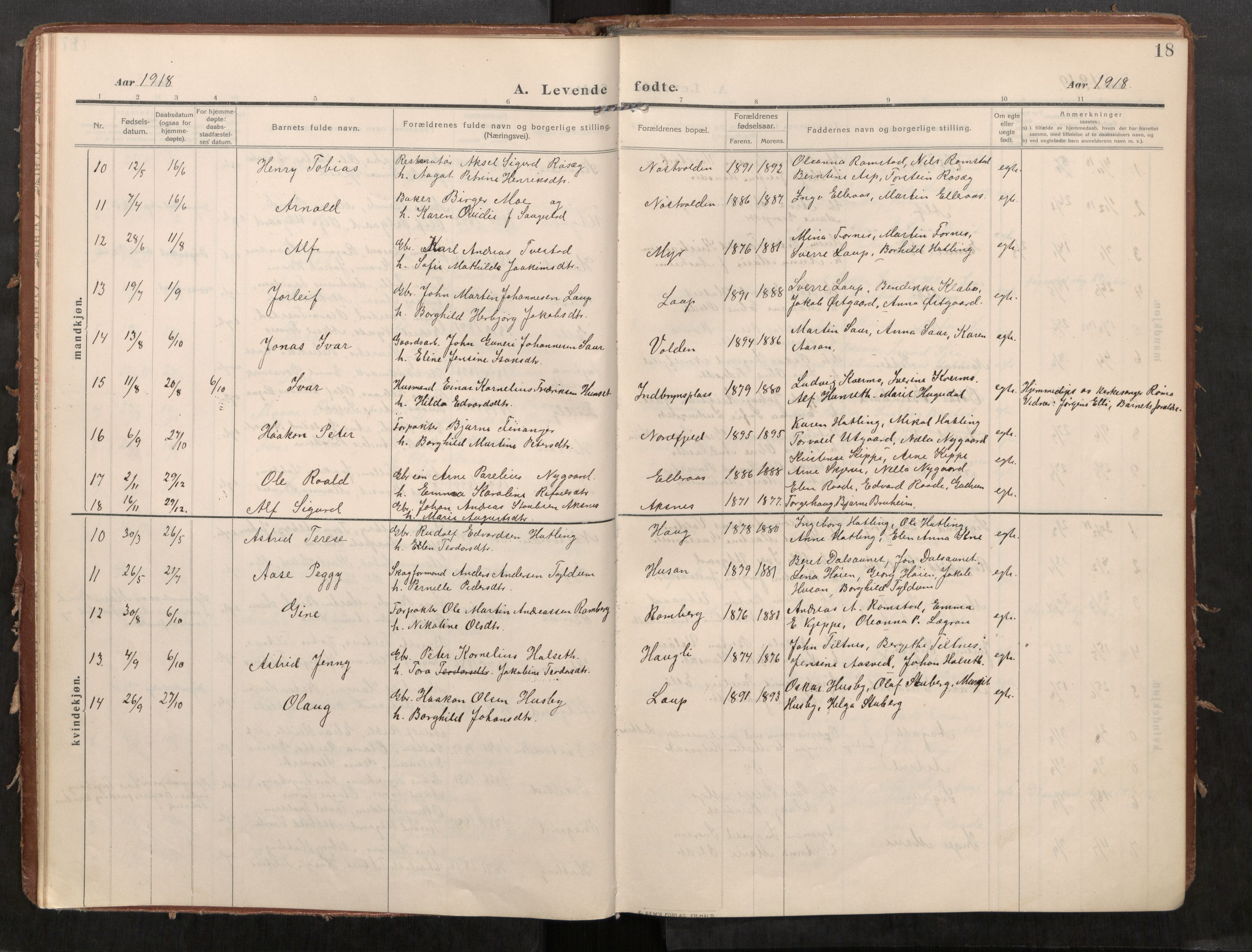 Stod sokneprestkontor, SAT/A-1164/1/I/I1/I1a/L0002: Parish register (official) no. 2, 1909-1922, p. 18