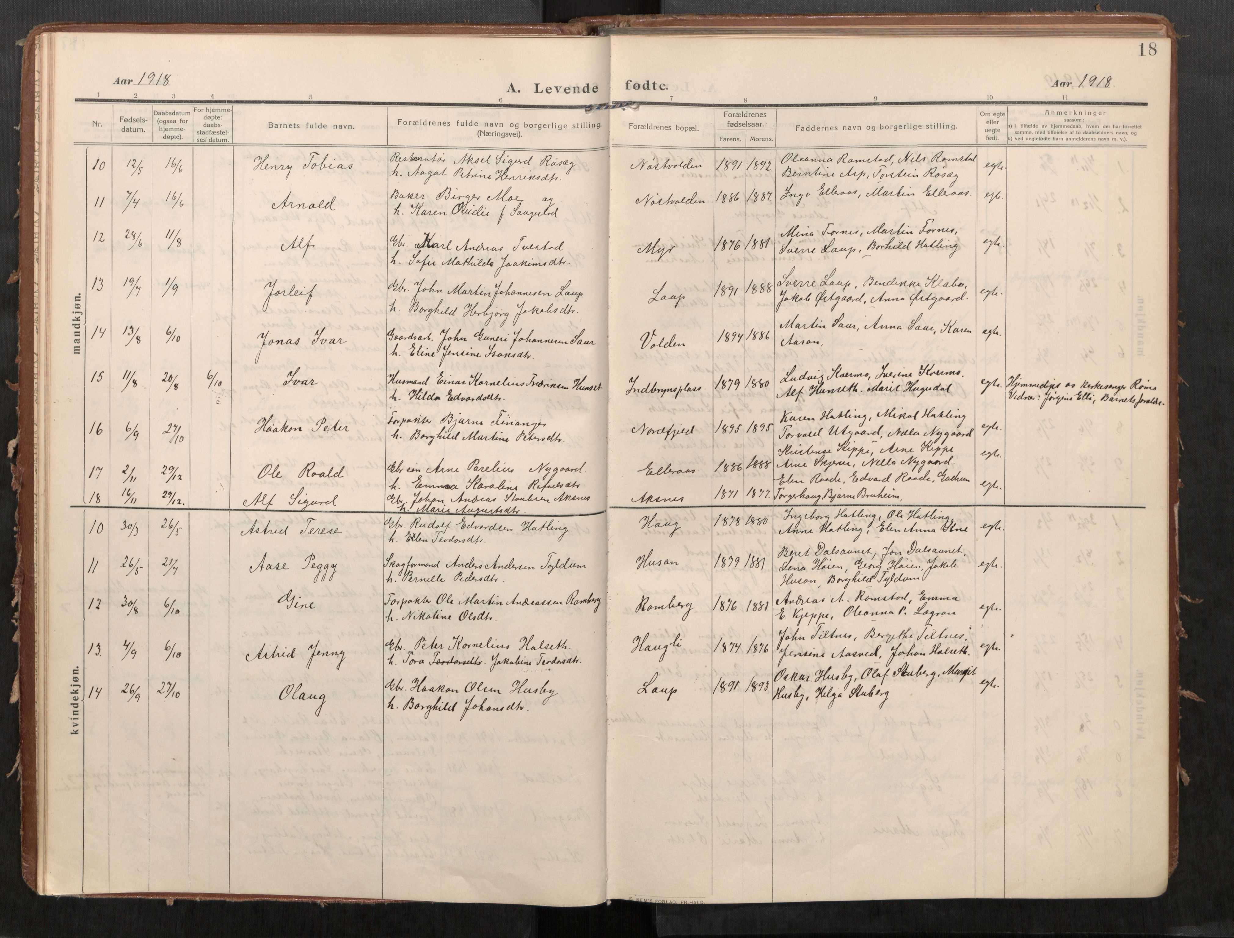 Stod sokneprestkontor, AV/SAT-A-1164/1/I/I1/I1a/L0002: Parish register (official) no. 2, 1909-1922, p. 18