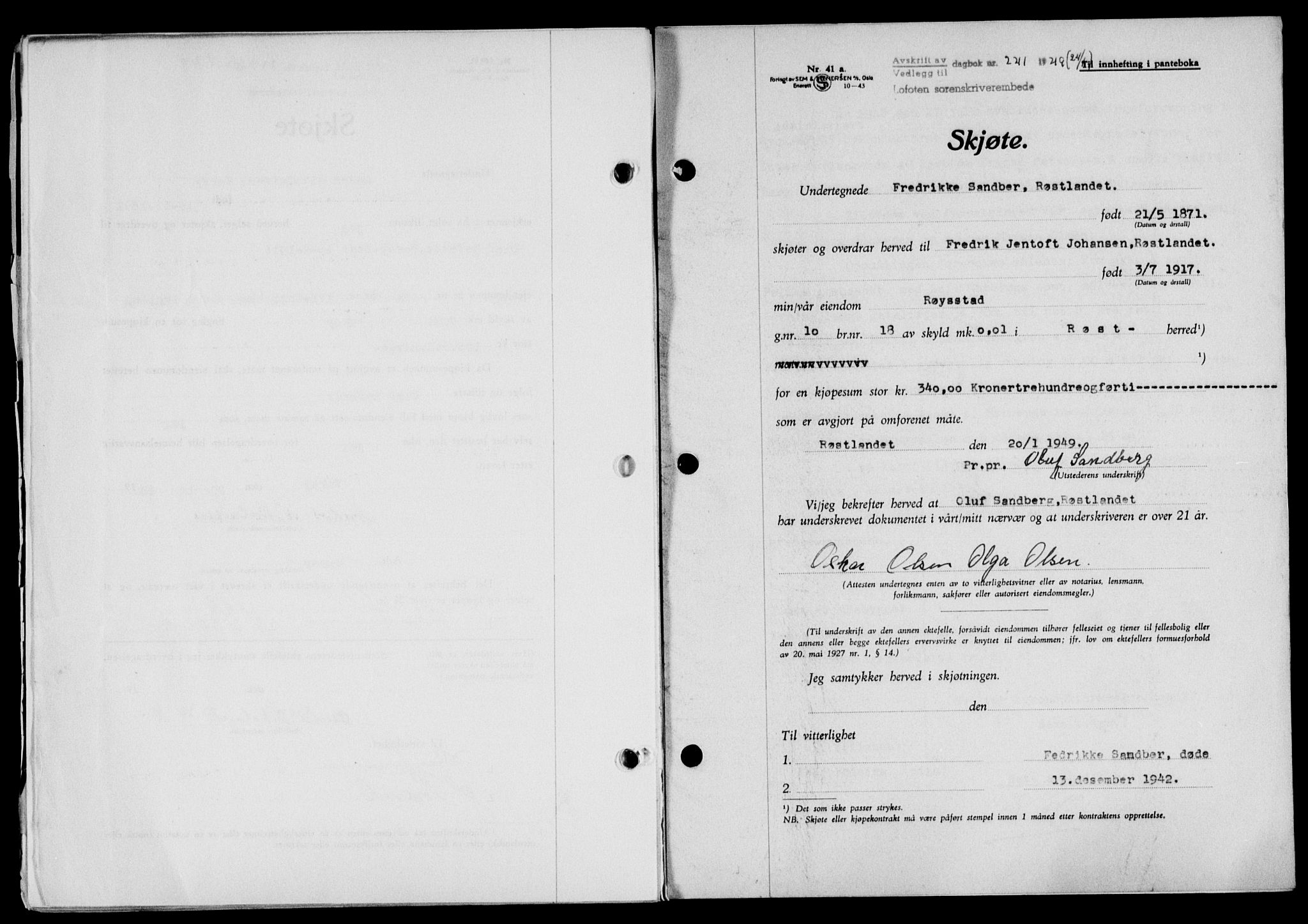 Lofoten sorenskriveri, SAT/A-0017/1/2/2C/L0020a: Mortgage book no. 20a, 1948-1949, Diary no: : 241/1949