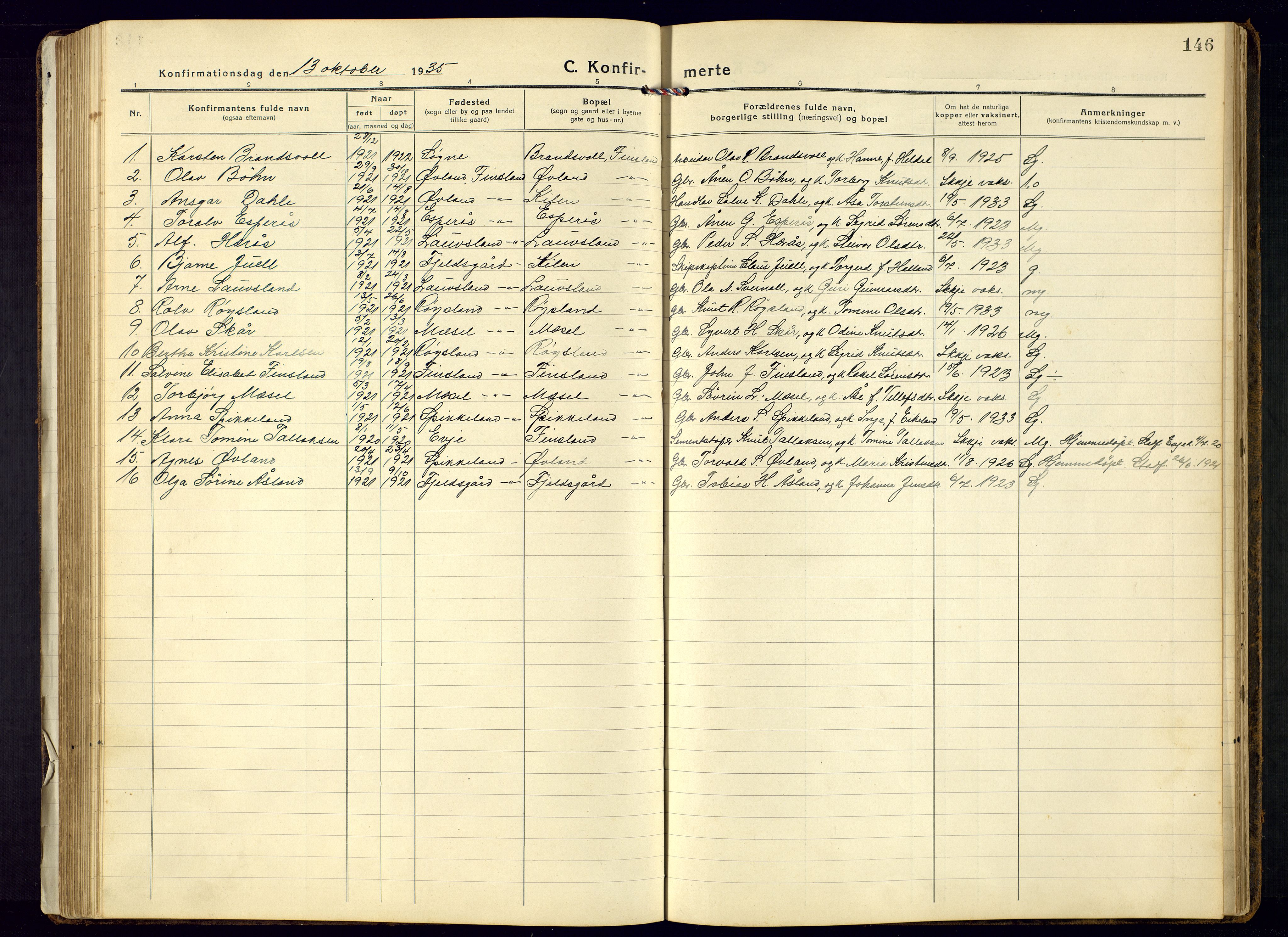 Bjelland sokneprestkontor, SAK/1111-0005/F/Fb/Fbb/L0006: Parish register (copy) no. B-6, 1918-1946, p. 146