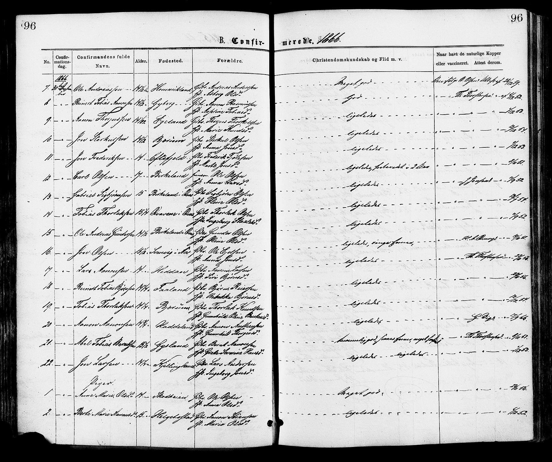 Hægebostad sokneprestkontor, AV/SAK-1111-0024/F/Fa/Faa/L0005: Parish register (official) no. A 5, 1864-1886, p. 96