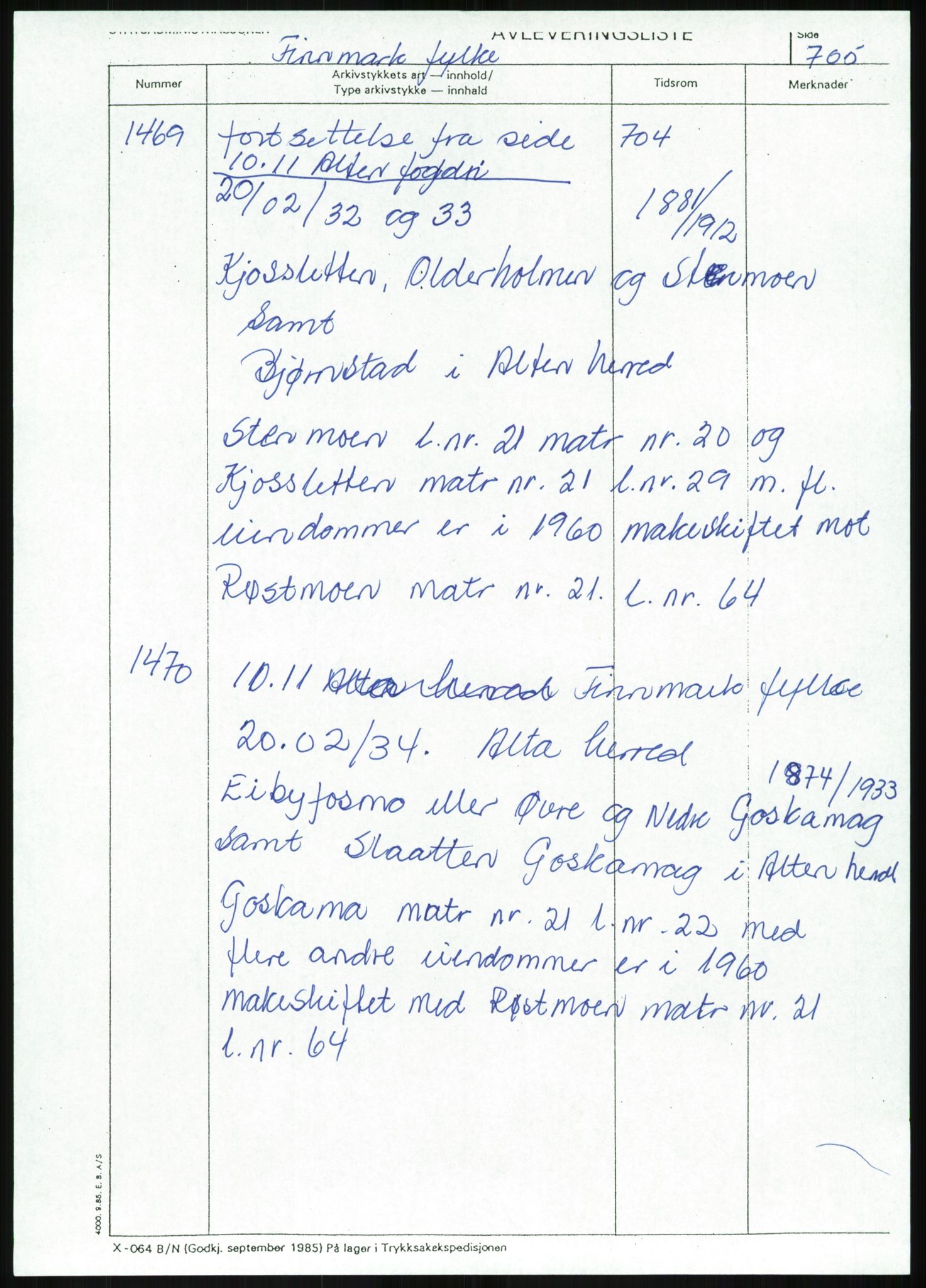 Direktoratet for statens skoger, AV/RA-S-1600/2/E/Eg/L0003: Arkivliste for 10.11-serien. Nord-Trøndelag til Finnmark fylke. Mappenr. 926 - 1505, 1957-1992, p. 517