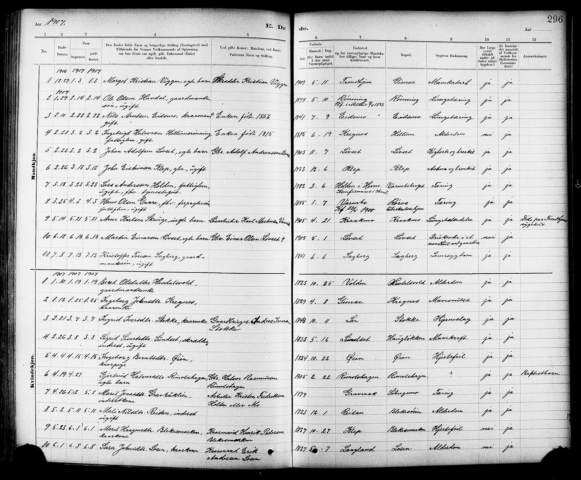 Ministerialprotokoller, klokkerbøker og fødselsregistre - Sør-Trøndelag, SAT/A-1456/691/L1094: Parish register (copy) no. 691C05, 1879-1911, p. 296