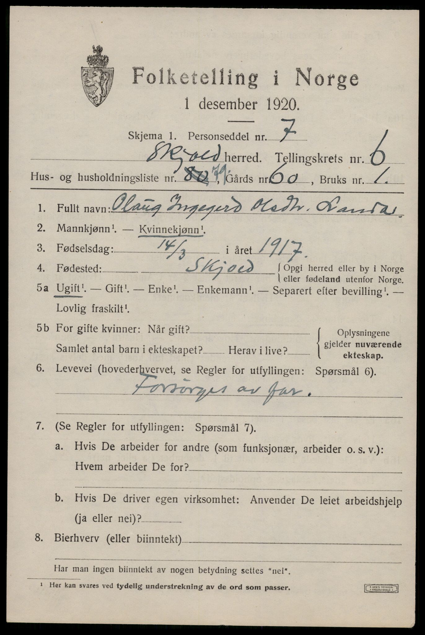SAST, 1920 census for Skjold, 1920, p. 3882