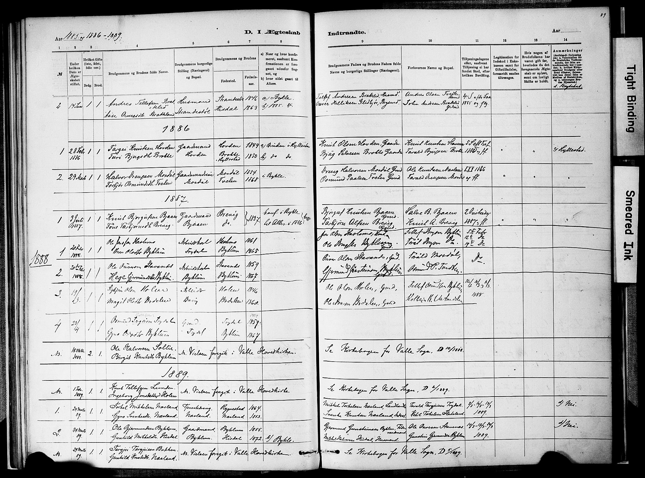 Valle sokneprestkontor, SAK/1111-0044/F/Fa/Faa/L0001: Parish register (official) no. A 1, 1882-1907, p. 89