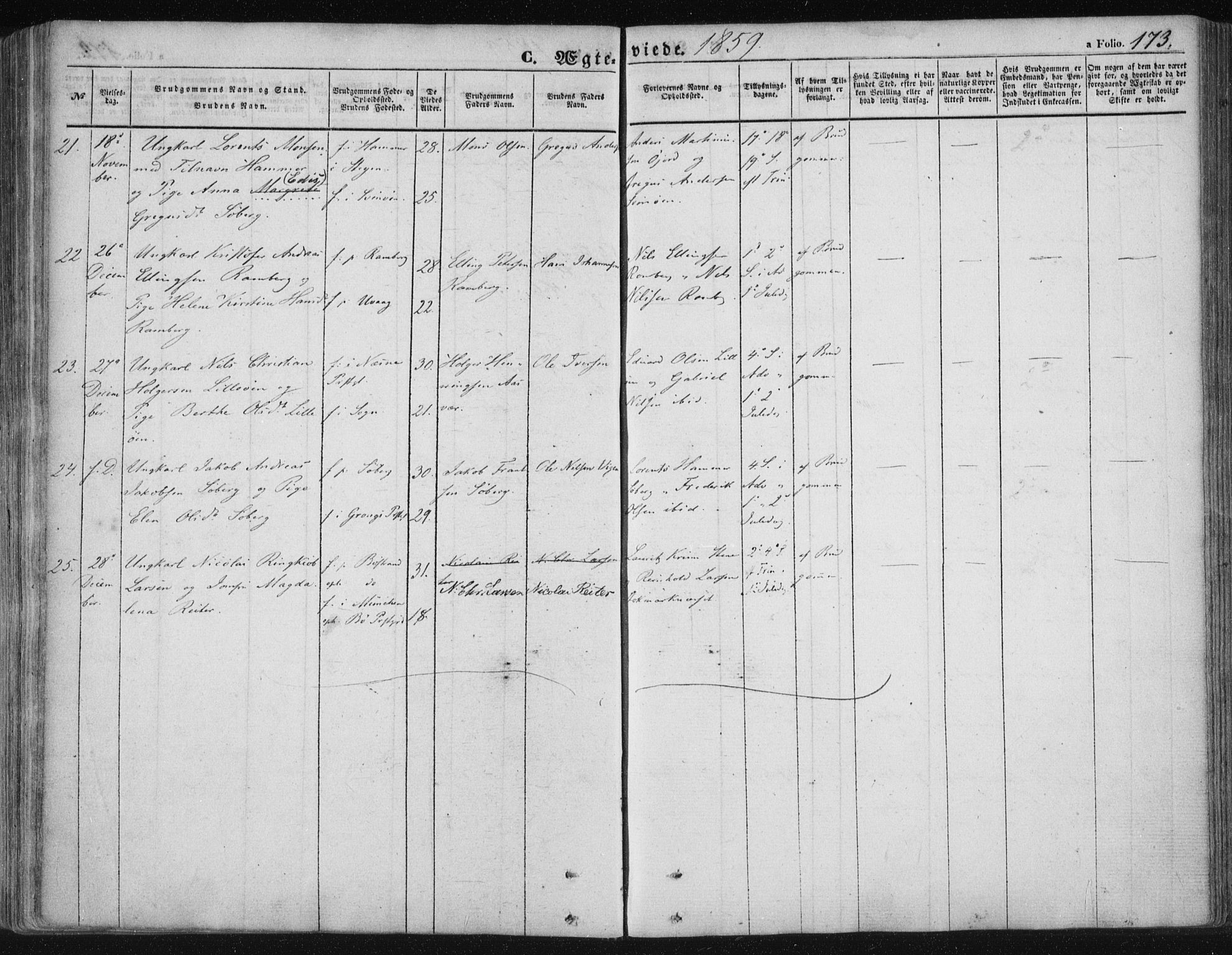 Ministerialprotokoller, klokkerbøker og fødselsregistre - Nordland, AV/SAT-A-1459/891/L1300: Parish register (official) no. 891A05, 1856-1870, p. 173