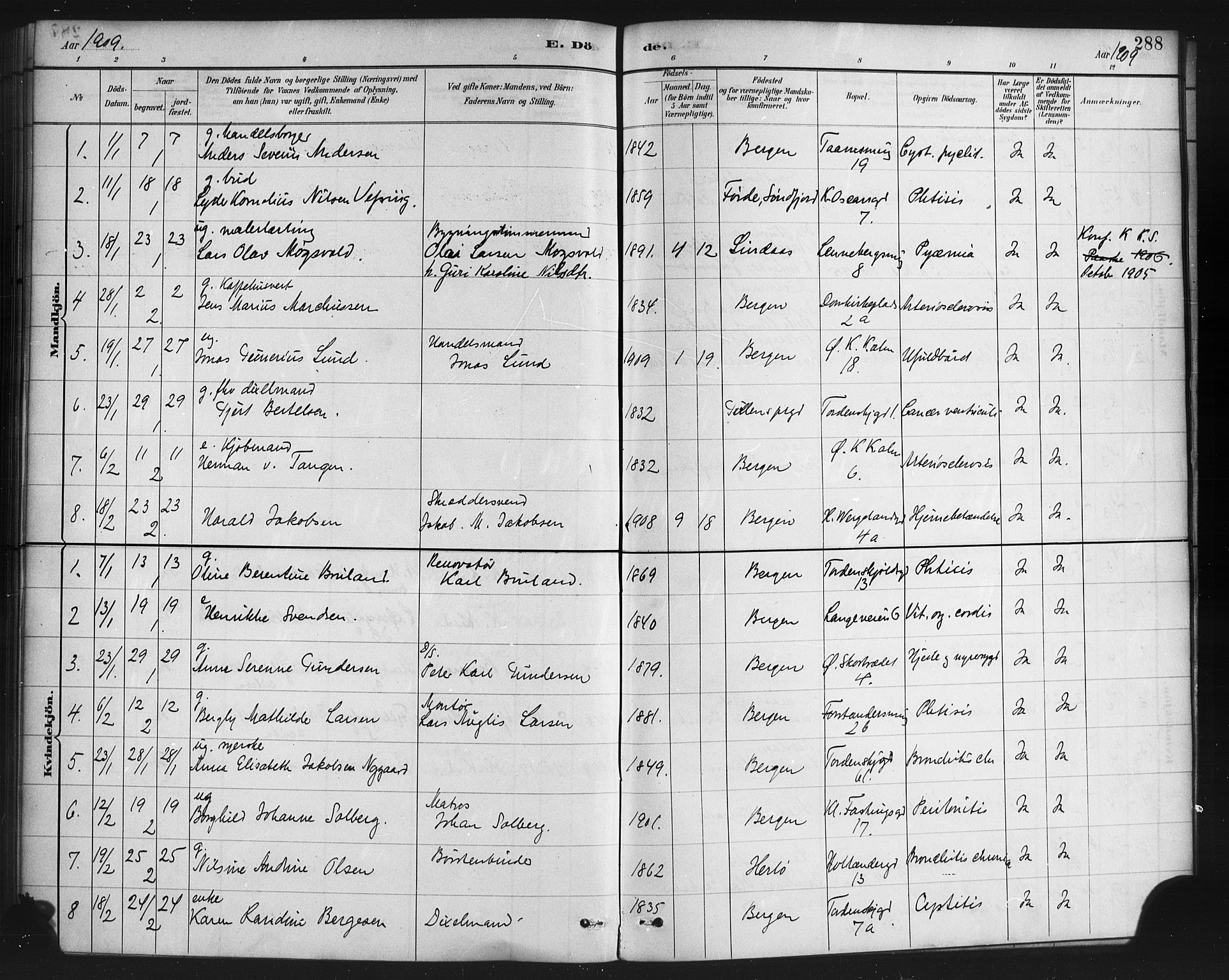 Korskirken sokneprestembete, SAB/A-76101/H/Haa/L0047: Parish register (official) no. E 5, 1884-1910, p. 288