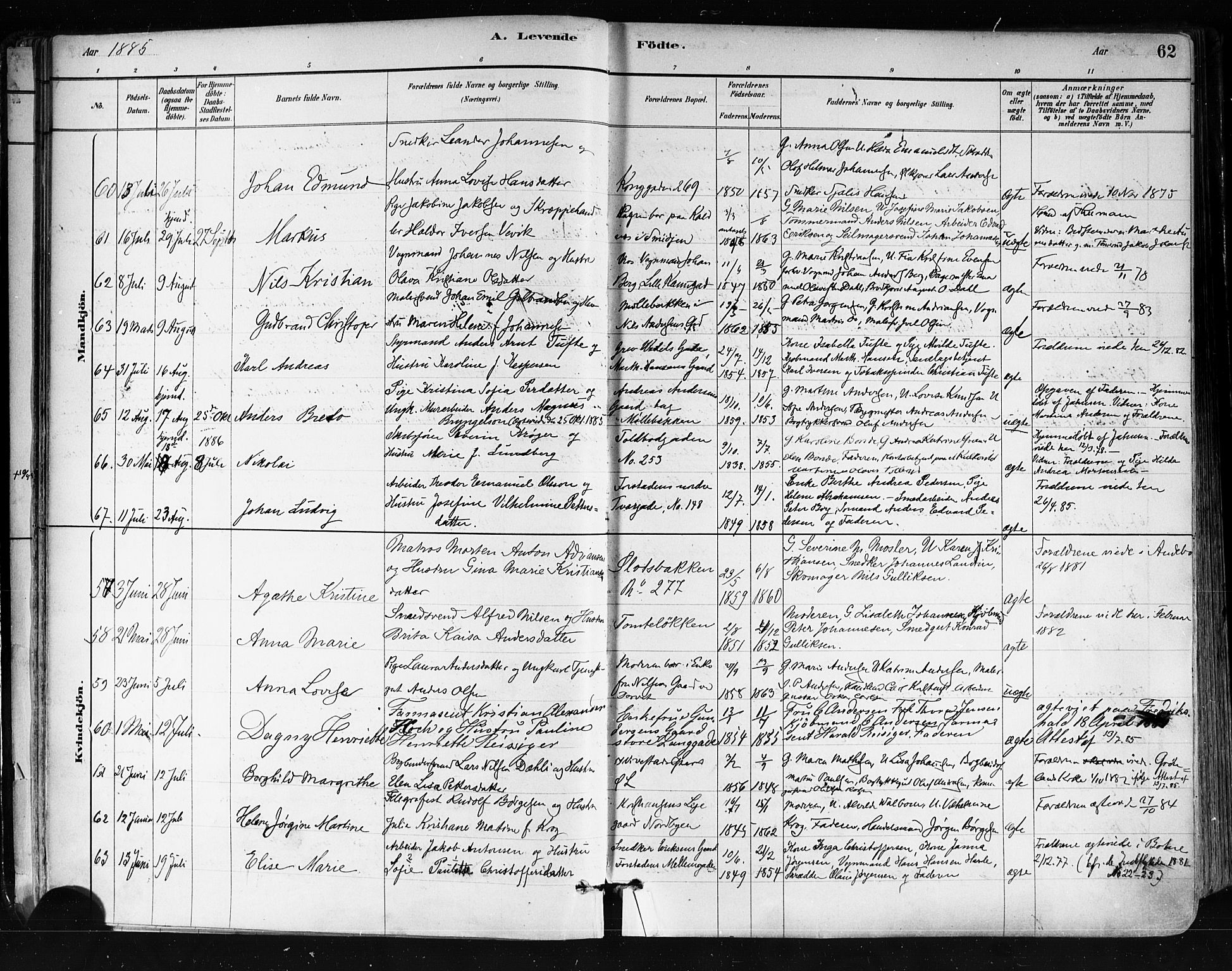 Tønsberg kirkebøker, AV/SAKO-A-330/F/Fa/L0011: Parish register (official) no. I 11, 1881-1890, p. 62