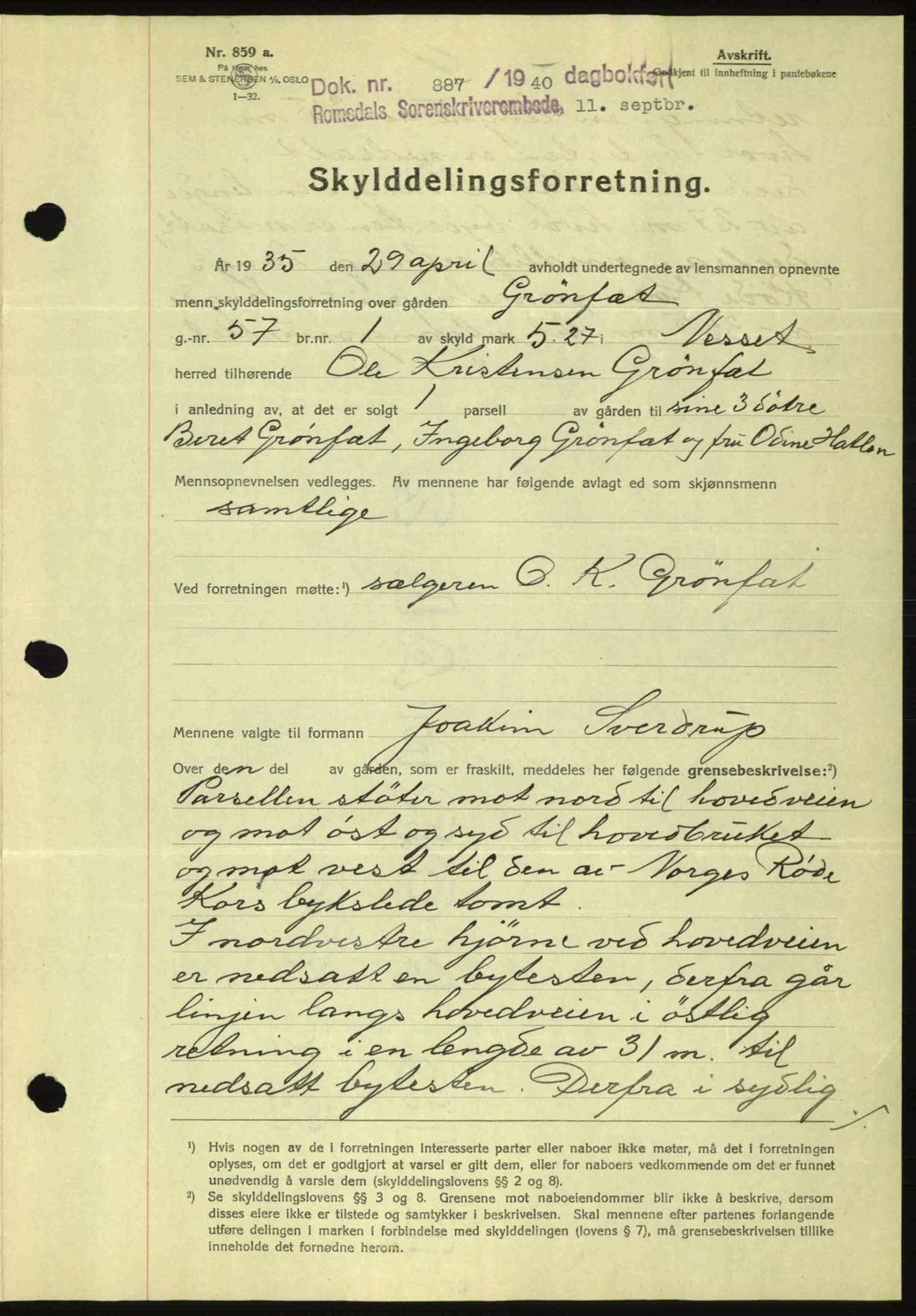 Romsdal sorenskriveri, AV/SAT-A-4149/1/2/2C: Mortgage book no. A8, 1939-1940, Diary no: : 887/1940