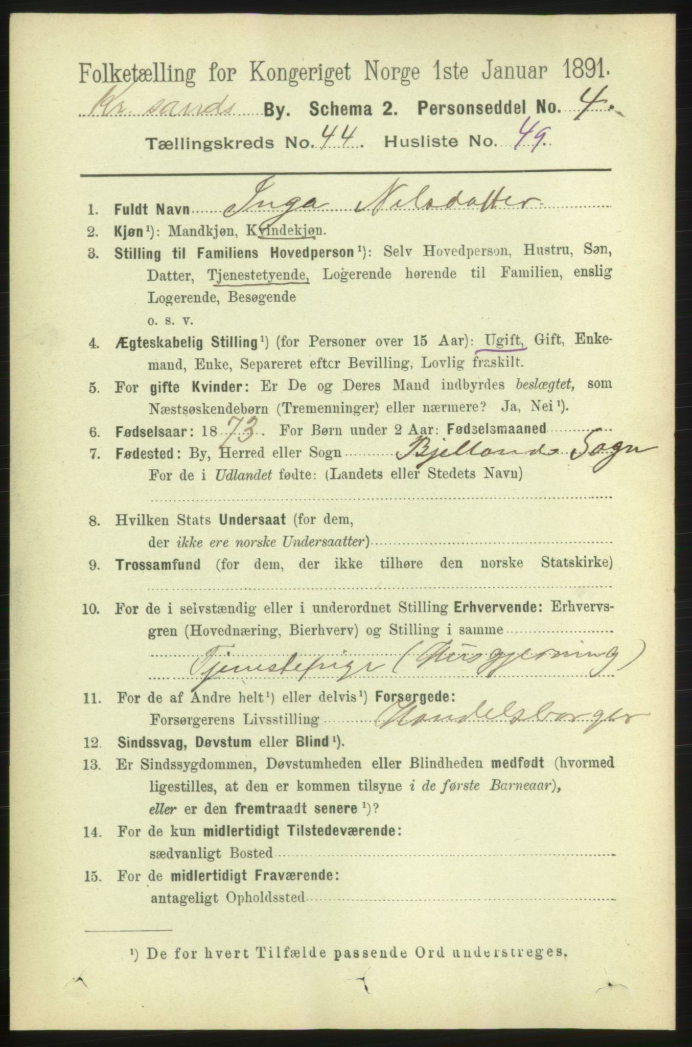 RA, 1891 census for 1001 Kristiansand, 1891, p. 13897