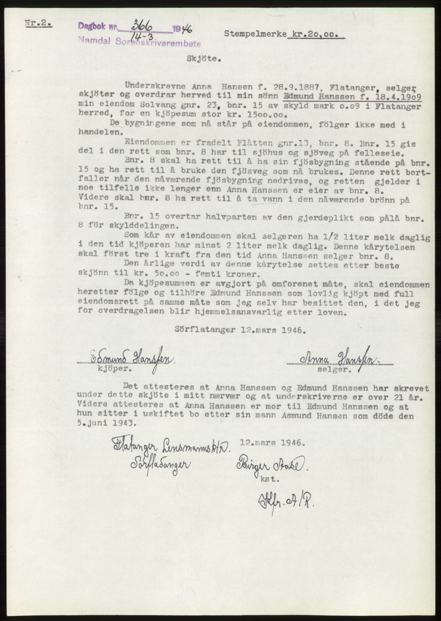 Namdal sorenskriveri, AV/SAT-A-4133/1/2/2C: Mortgage book no. -, 1946-1946, Diary no: : 366/1946