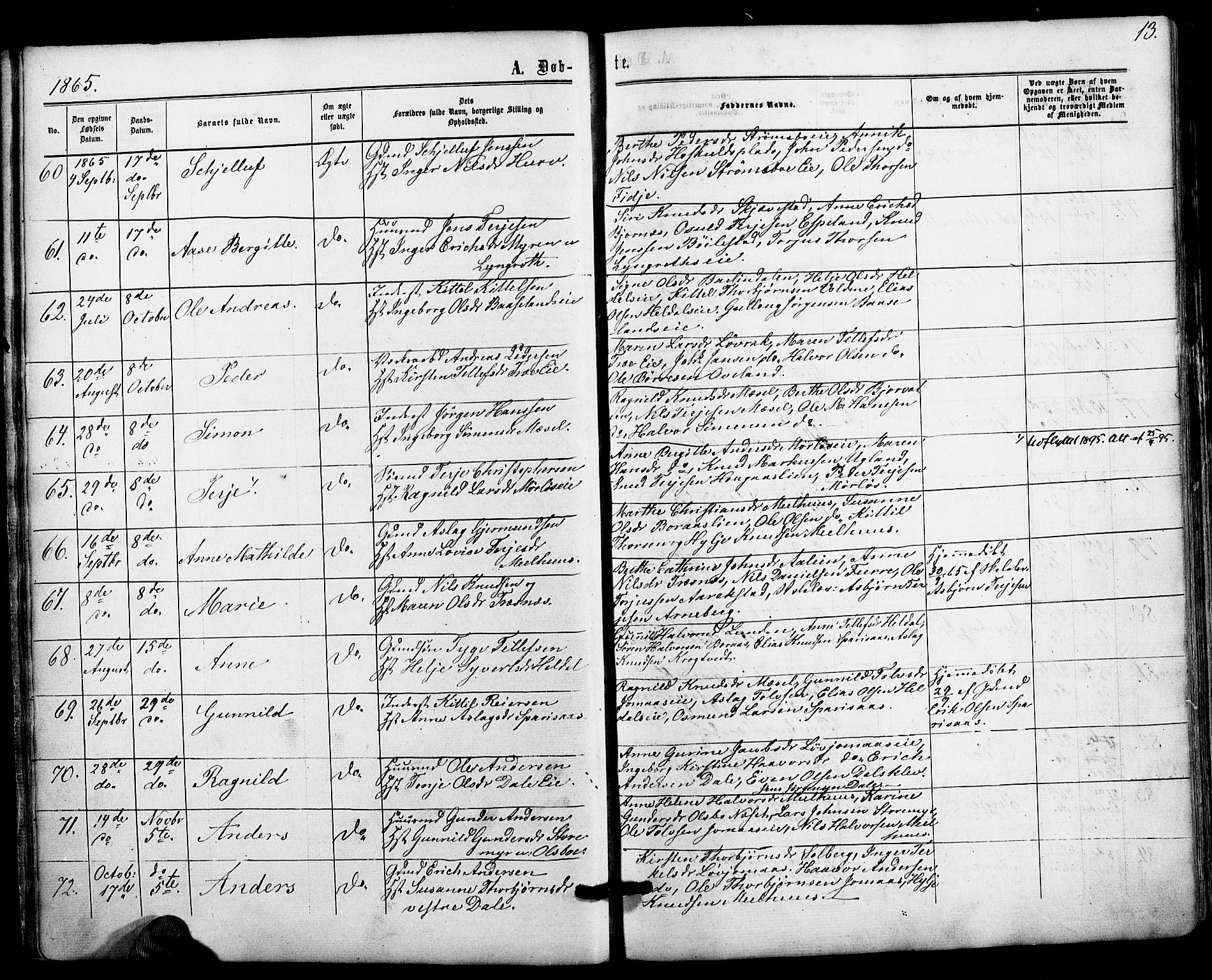 Froland sokneprestkontor, AV/SAK-1111-0013/F/Fa/L0003: Parish register (official) no. A 3, 1864-1881, p. 13