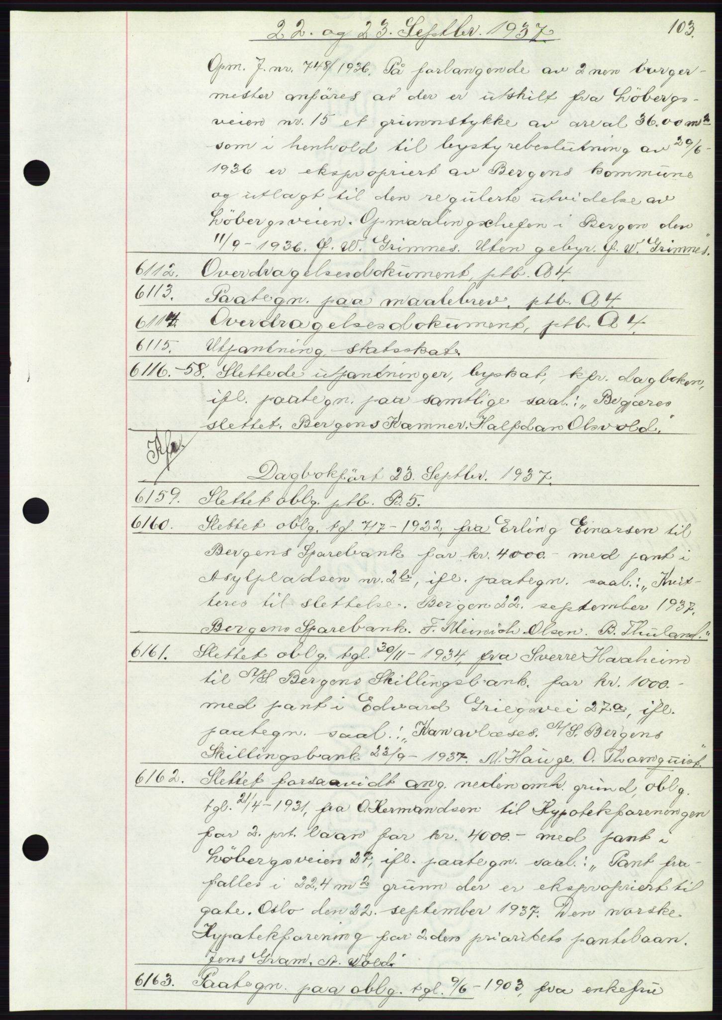 Byfogd og Byskriver i Bergen, AV/SAB-A-3401/03: Mortgage book no. C 5, 1937-1937, Diary no: : 6112/1937