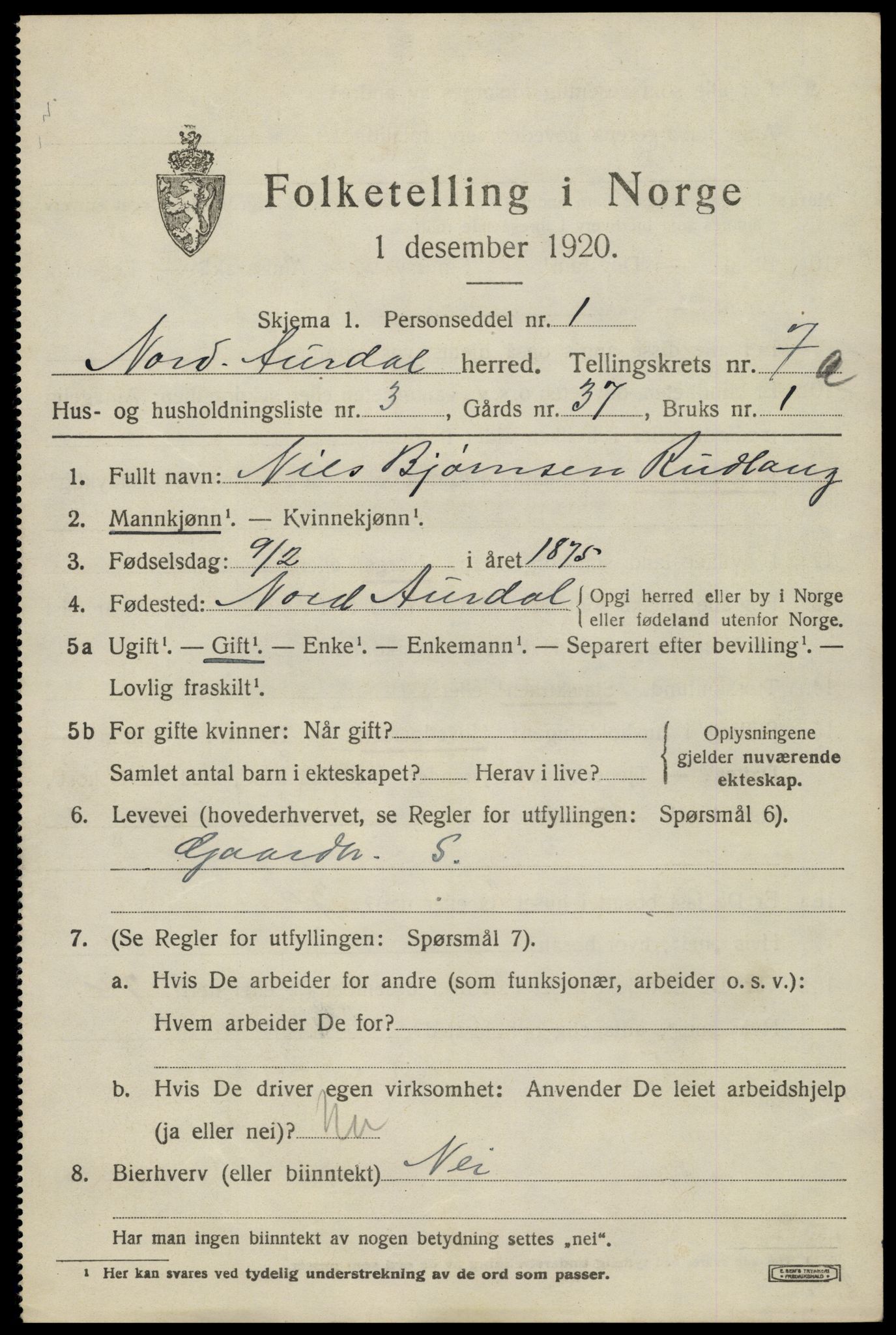 SAH, 1920 census for Nord-Aurdal, 1920, p. 5962