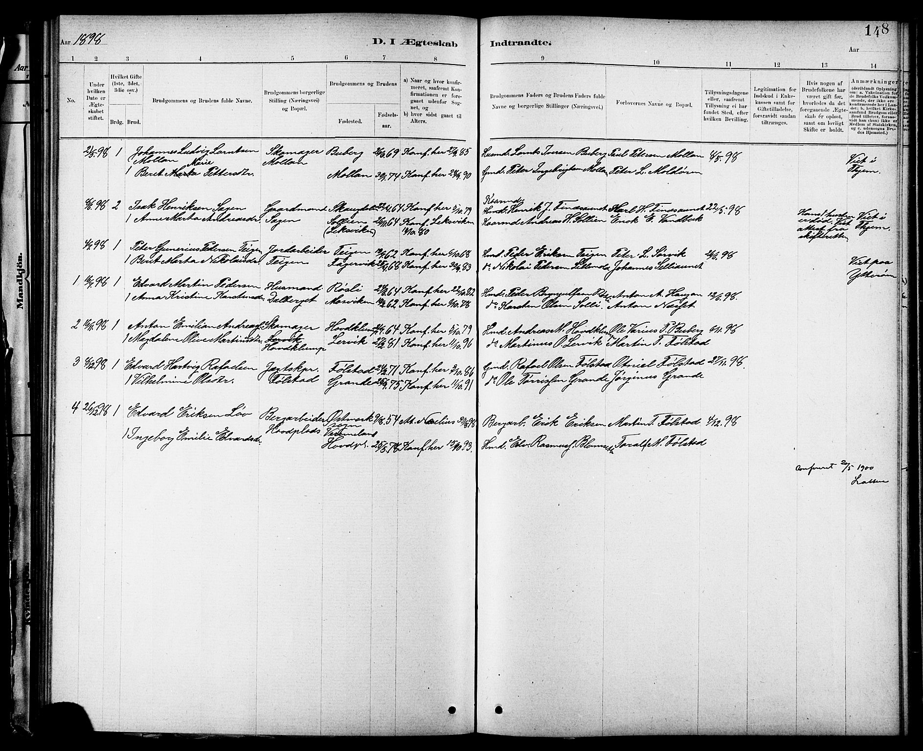 Ministerialprotokoller, klokkerbøker og fødselsregistre - Nord-Trøndelag, SAT/A-1458/744/L0423: Parish register (copy) no. 744C02, 1886-1905, p. 148