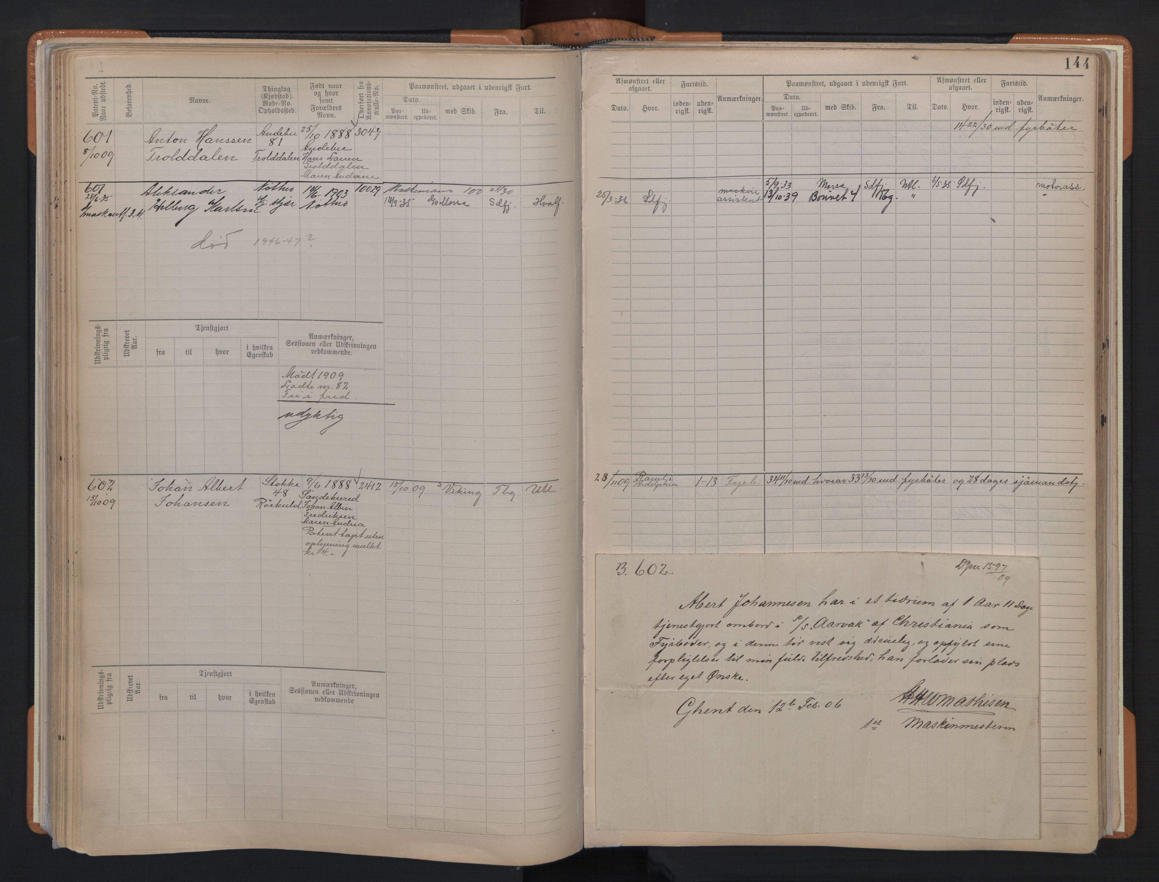 Tønsberg innrulleringskontor, AV/SAKO-A-786/F/Fe/L0004: Maskinist- og fyrbøterrulle Patent nr. 315-1079, 1902-1922, p. 144