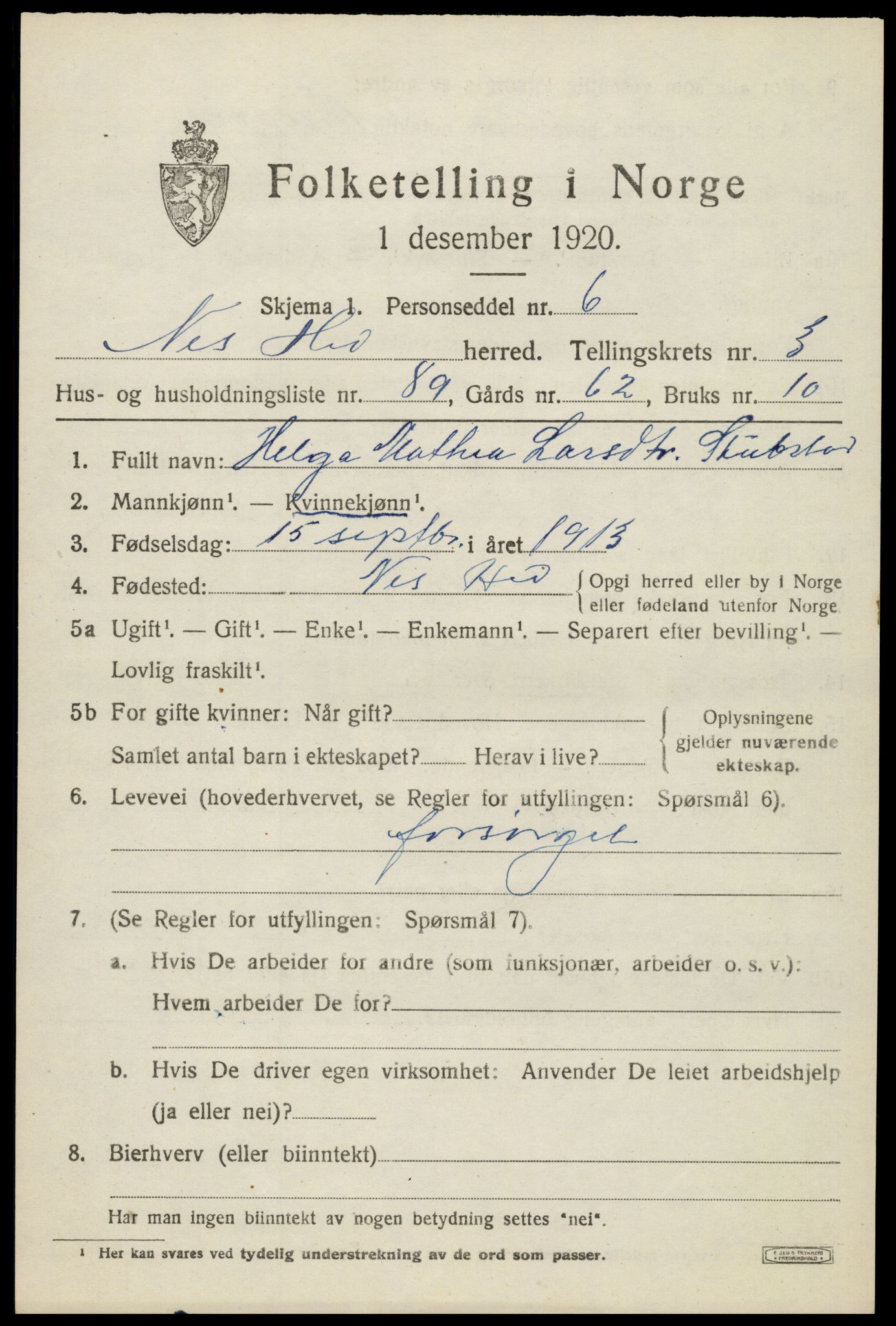 SAH, 1920 census for Nes (Hedmark), 1920, p. 5586