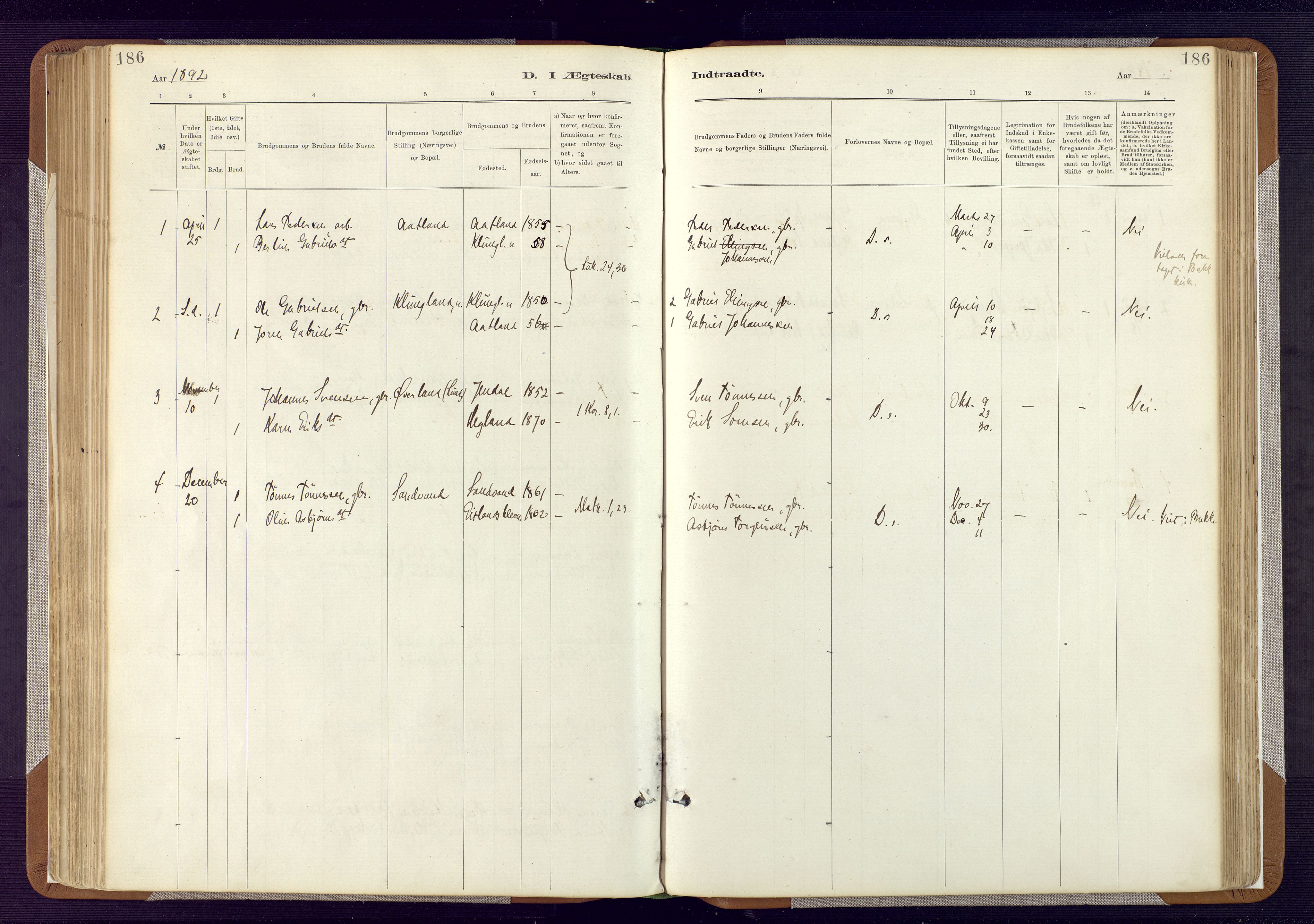 Bakke sokneprestkontor, SAK/1111-0002/F/Fa/Fab/L0003: Parish register (official) no. A 3, 1884-1921, p. 186