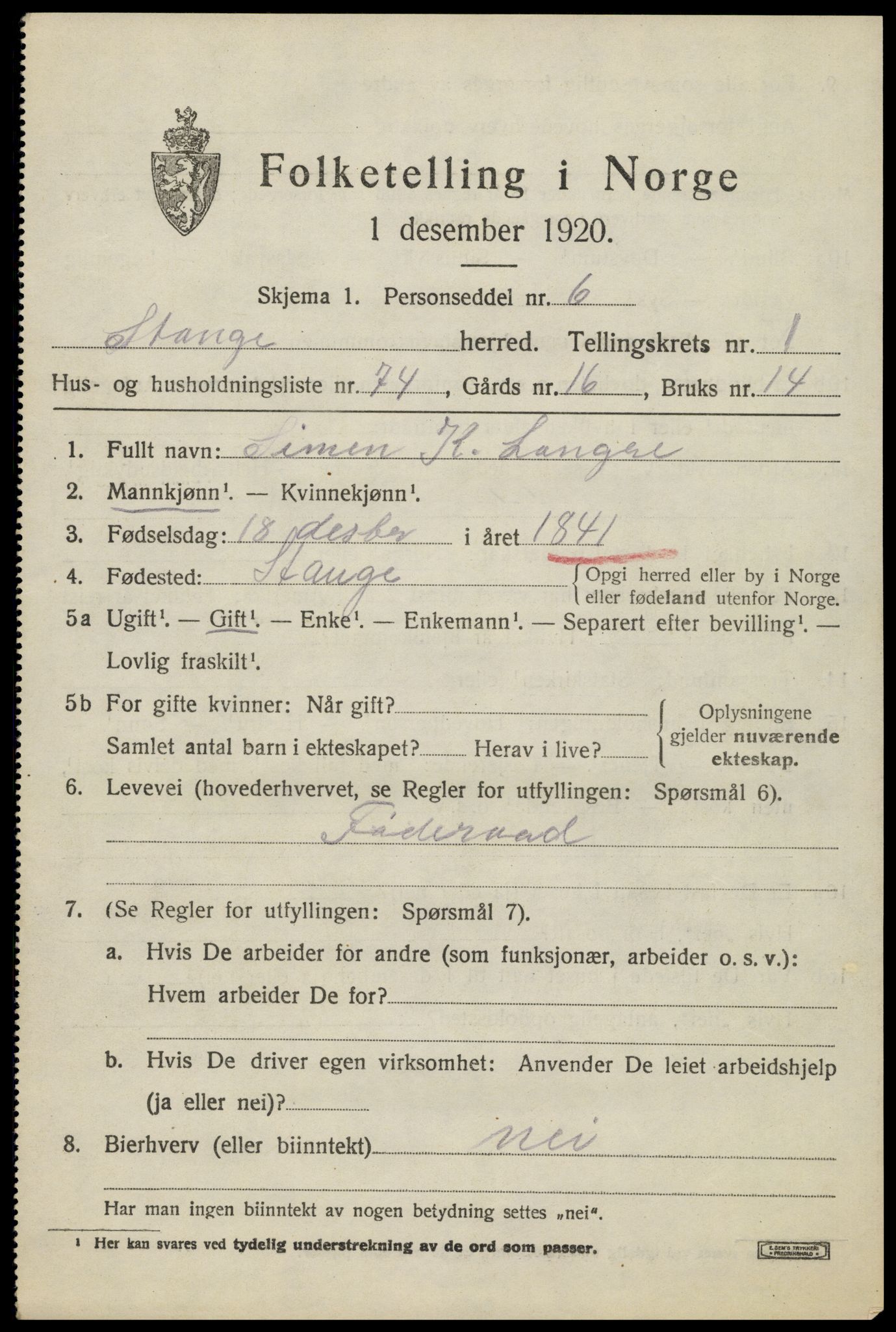 SAH, 1920 census for Stange, 1920, p. 3819