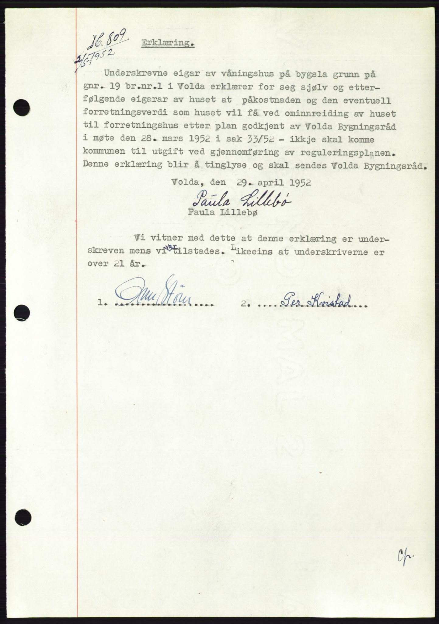 Søre Sunnmøre sorenskriveri, AV/SAT-A-4122/1/2/2C/L0121: Mortgage book no. 9B, 1951-1952, Diary no: : 809/1952