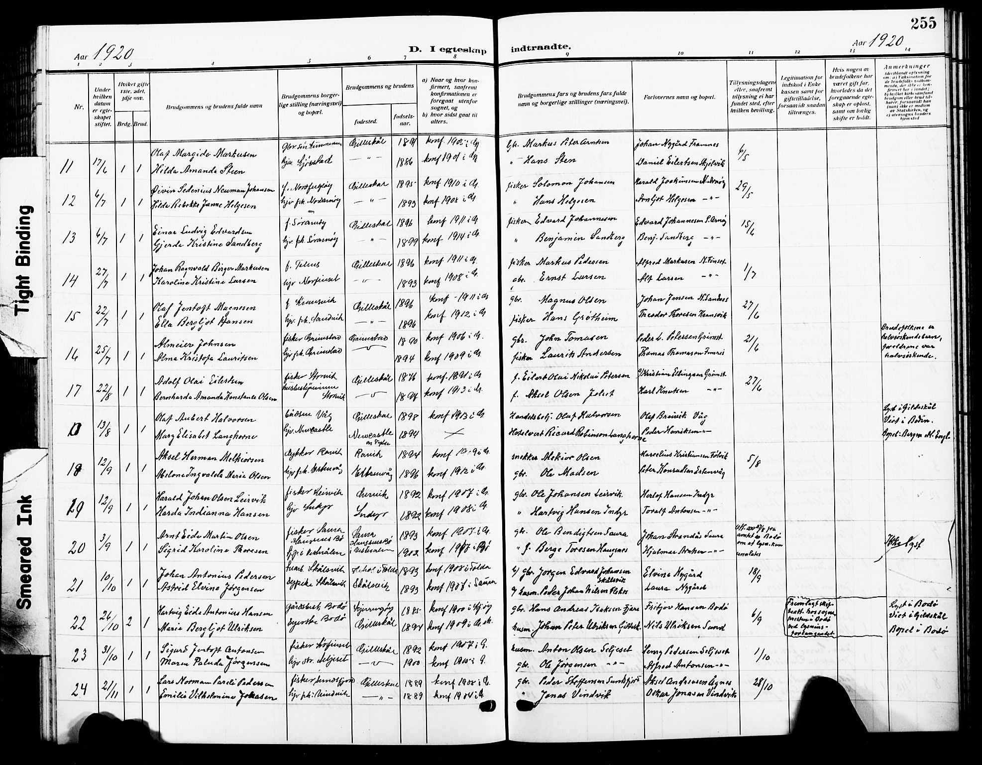 Ministerialprotokoller, klokkerbøker og fødselsregistre - Nordland, AV/SAT-A-1459/805/L0110: Parish register (copy) no. 805C06, 1909-1924, p. 255