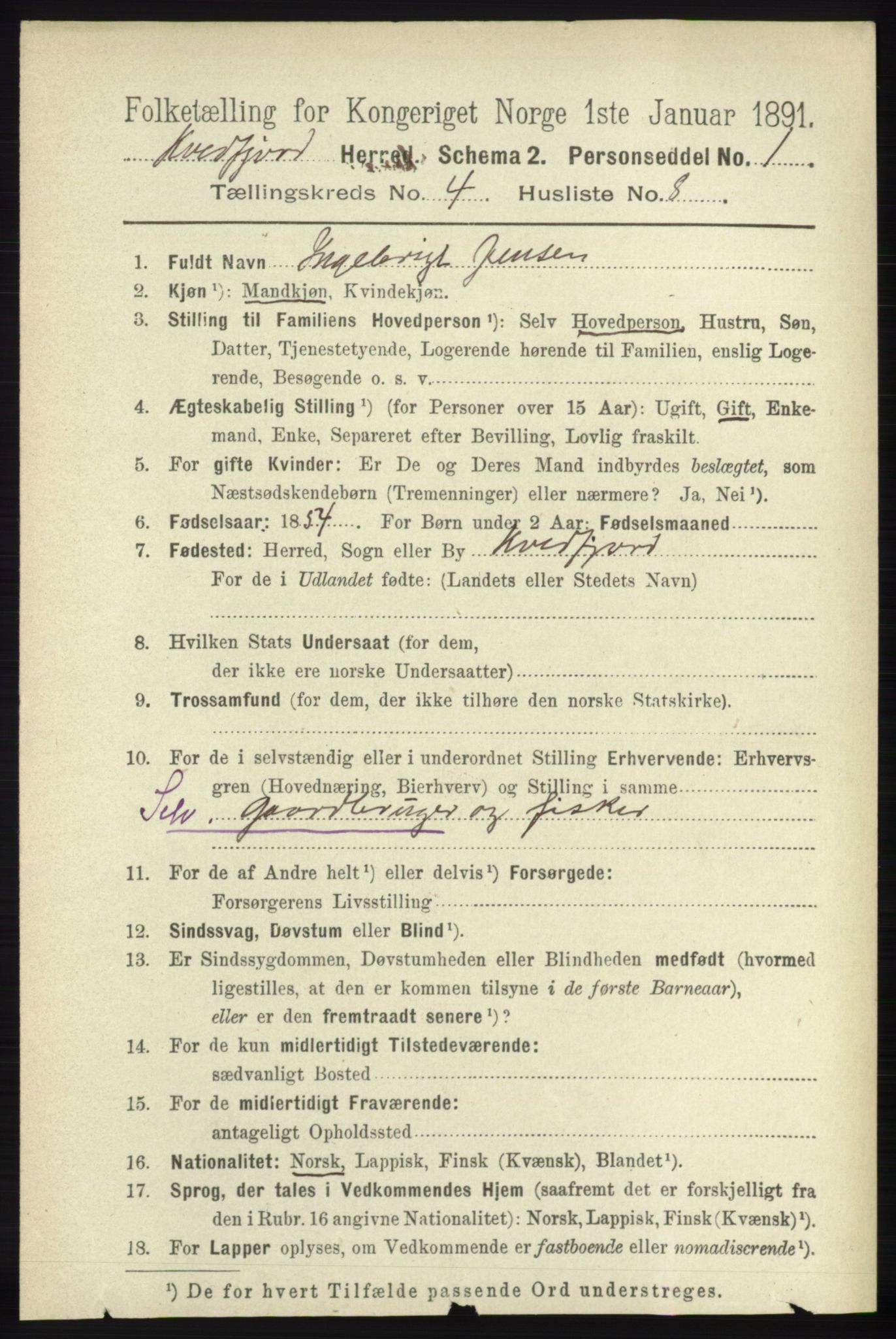 RA, 1891 census for 1911 Kvæfjord, 1891, p. 1932
