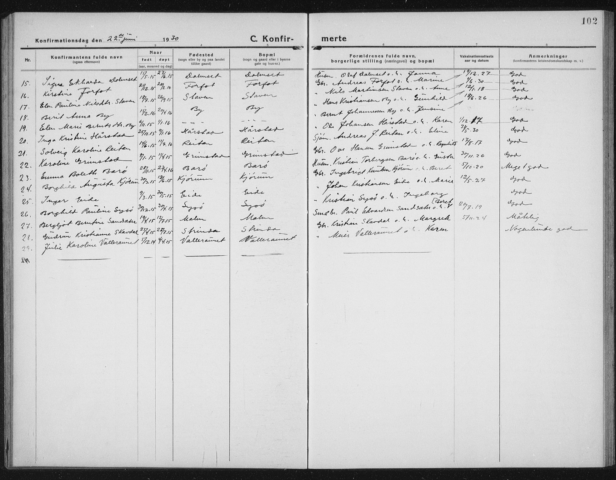 Ministerialprotokoller, klokkerbøker og fødselsregistre - Sør-Trøndelag, SAT/A-1456/655/L0689: Parish register (copy) no. 655C05, 1922-1936, p. 102