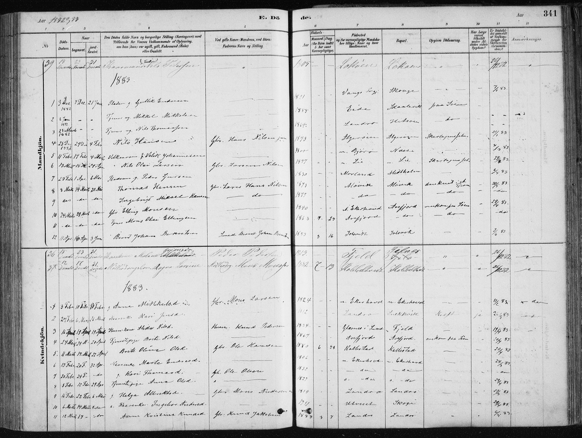 Fjell sokneprestembete, AV/SAB-A-75301/H/Haa: Parish register (official) no. A  8, 1878-1898, p. 341