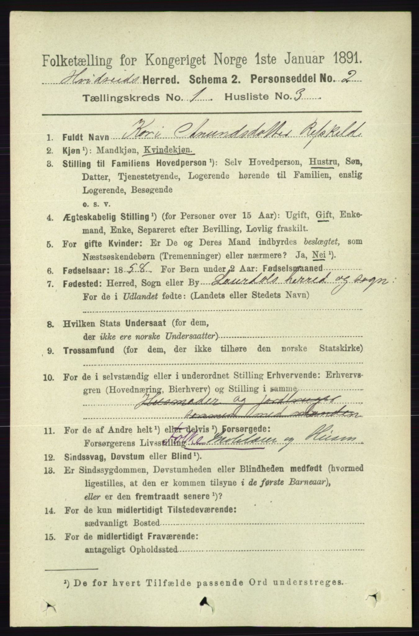 RA, 1891 census for 0829 Kviteseid, 1891, p. 92