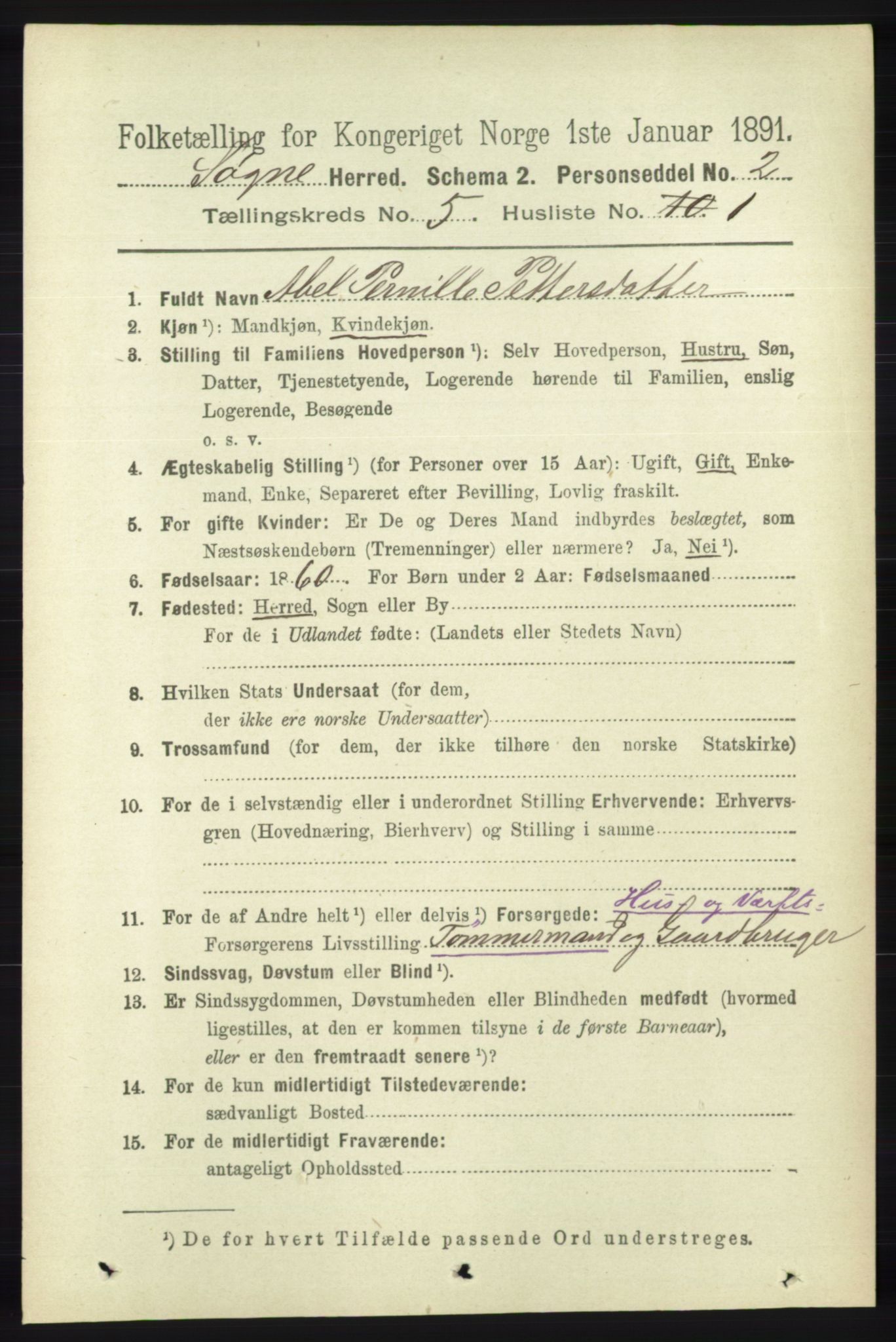 RA, 1891 census for 1018 Søgne, 1891, p. 909