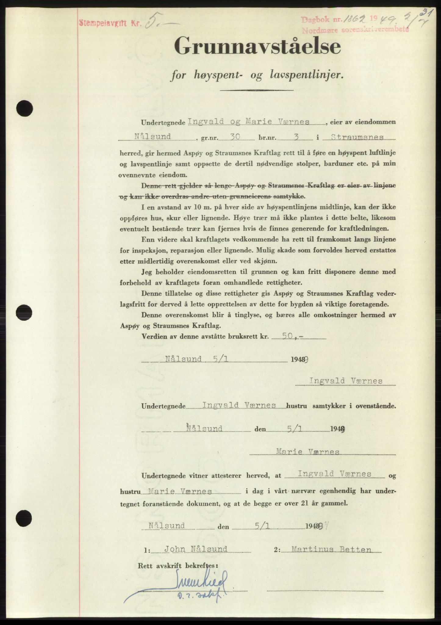 Nordmøre sorenskriveri, AV/SAT-A-4132/1/2/2Ca: Mortgage book no. B102, 1949-1949, Diary no: : 1862/1949