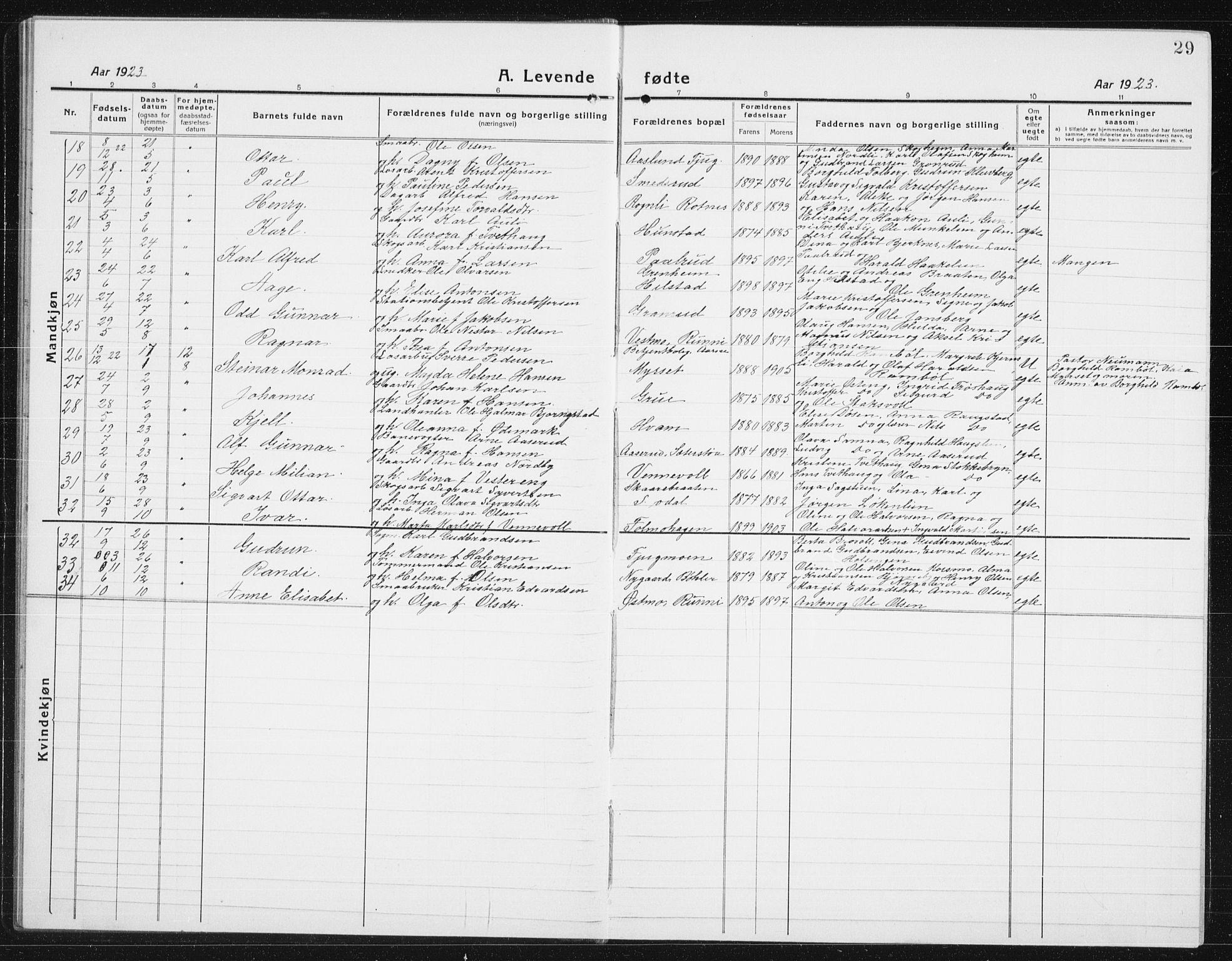 Nes prestekontor Kirkebøker, AV/SAO-A-10410/G/Gc/L0002: Parish register (copy) no. III 2, 1915-1943, p. 29