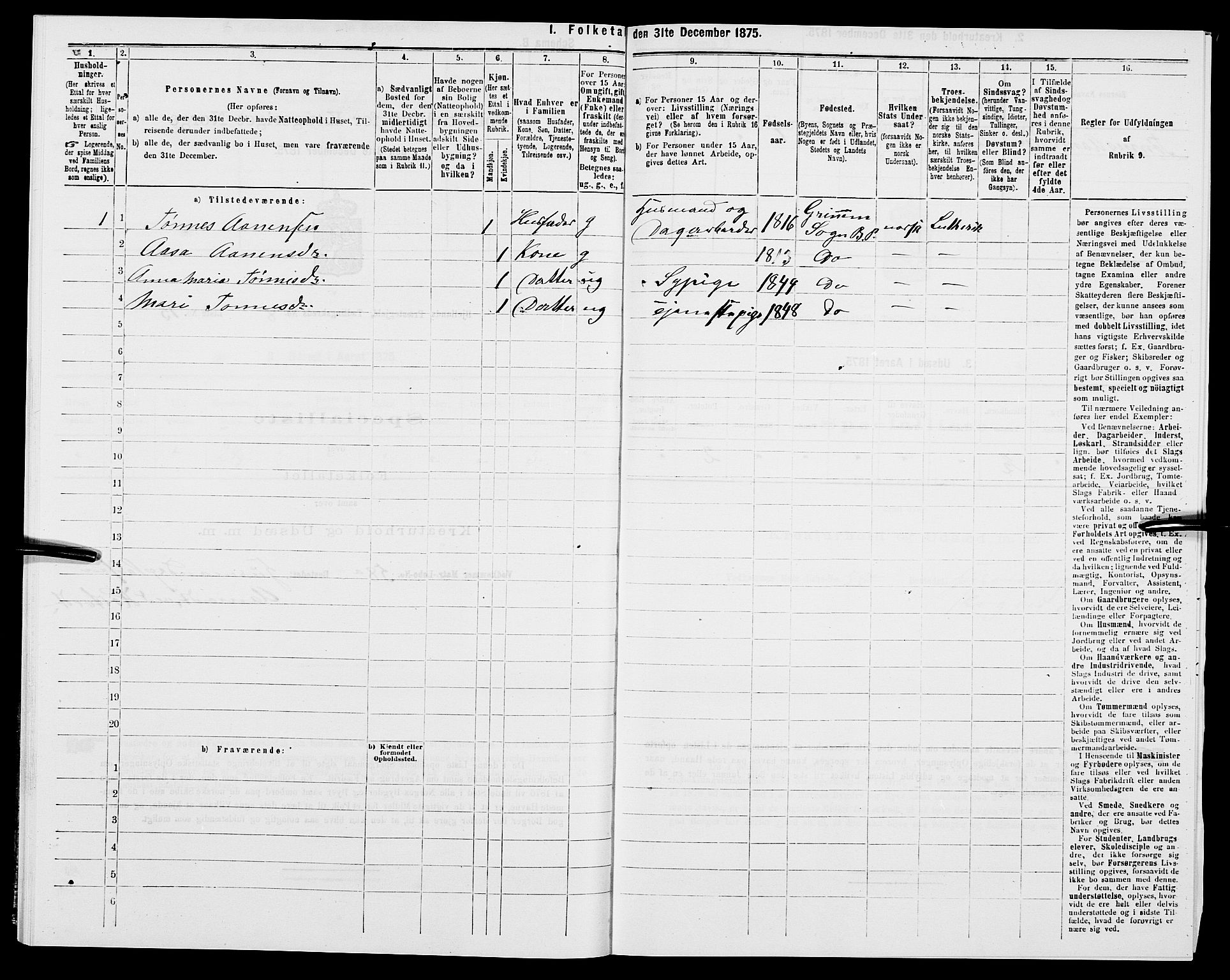 SAK, 1875 census for 1024P Bjelland, 1875, p. 538