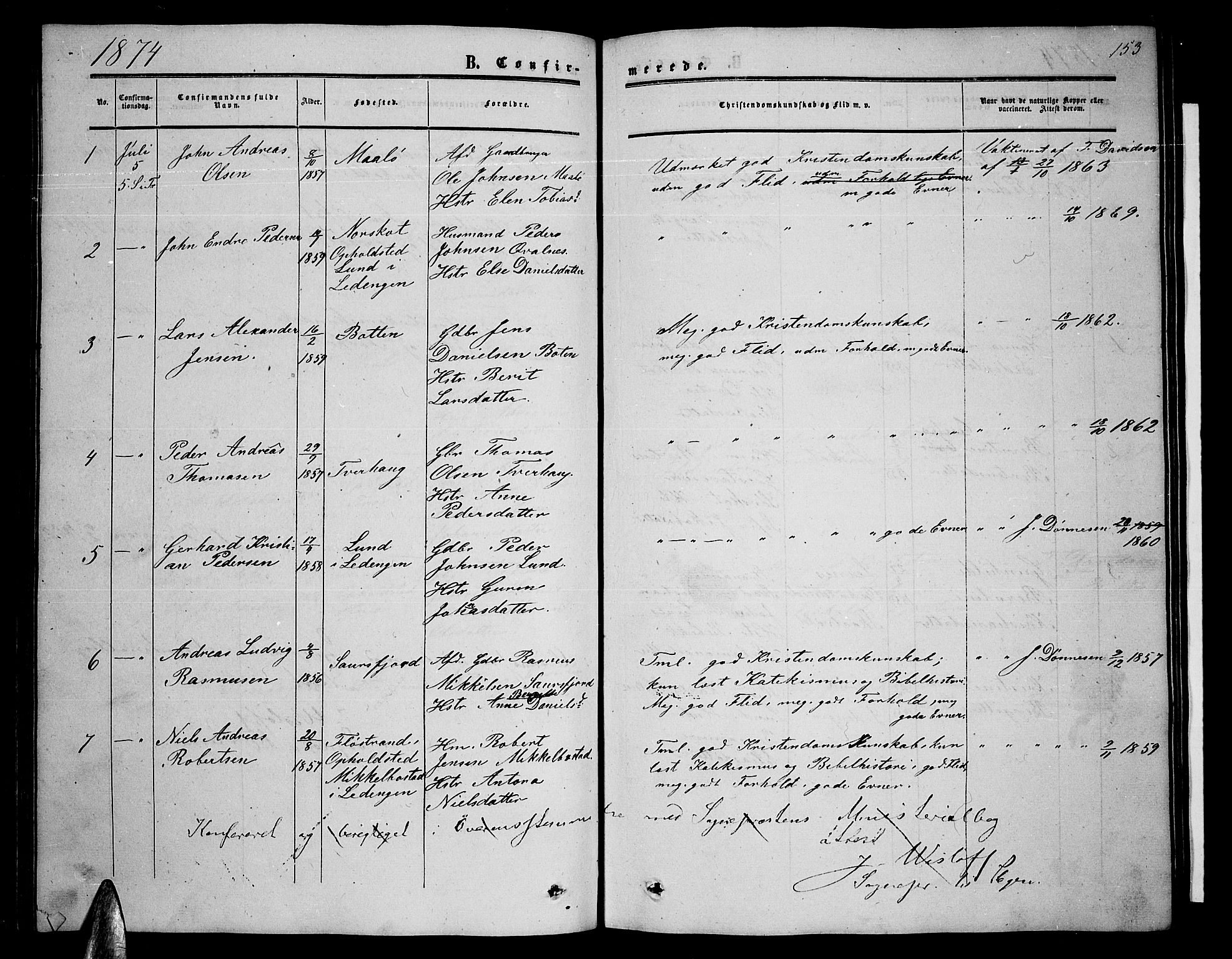 Ministerialprotokoller, klokkerbøker og fødselsregistre - Nordland, SAT/A-1459/857/L0827: Parish register (copy) no. 857C02, 1852-1879, p. 153