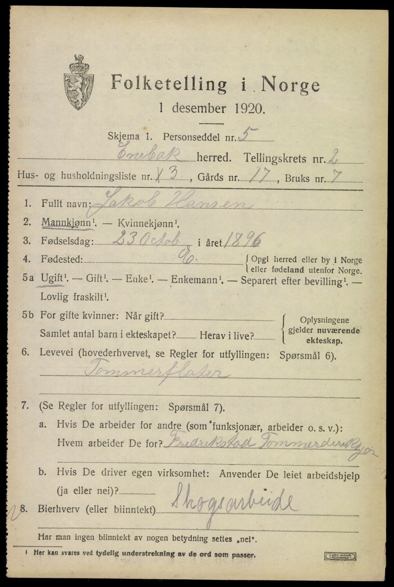 SAO, 1920 census for Enebakk, 1920, p. 2093