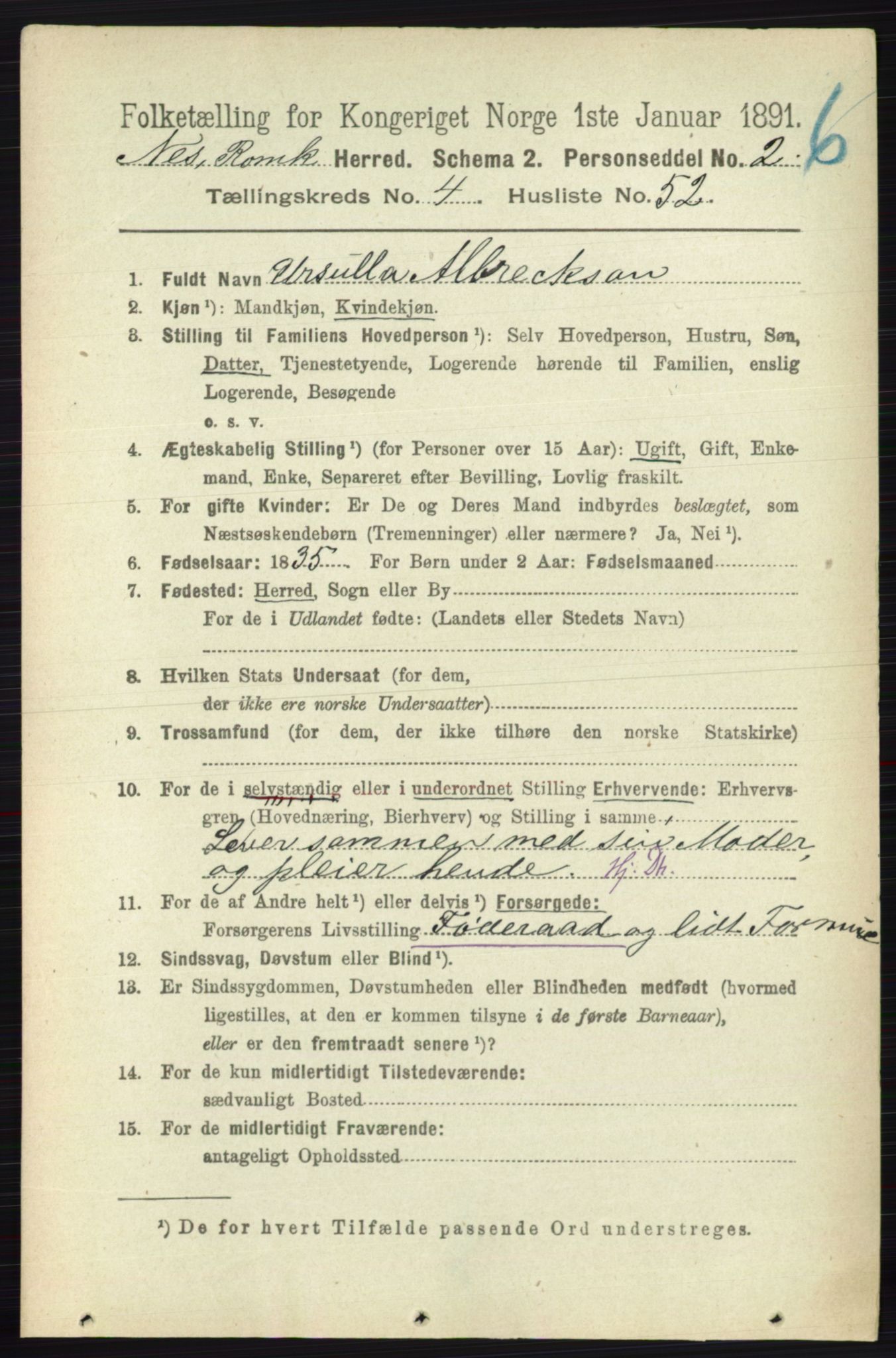RA, 1891 census for 0236 Nes, 1891, p. 2554