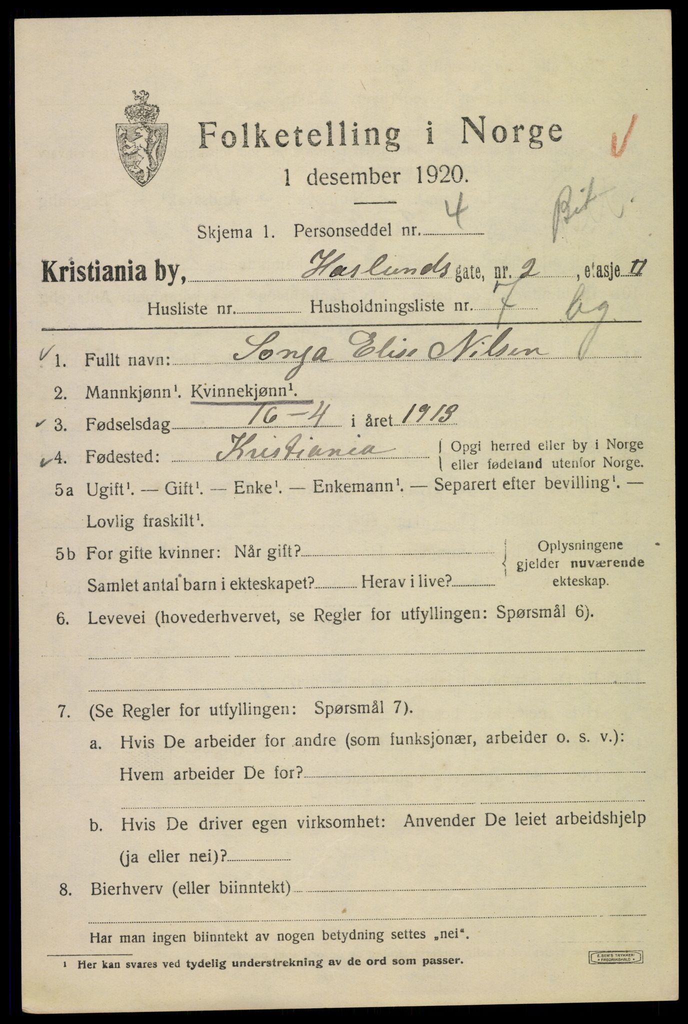 SAO, 1920 census for Kristiania, 1920, p. 272079