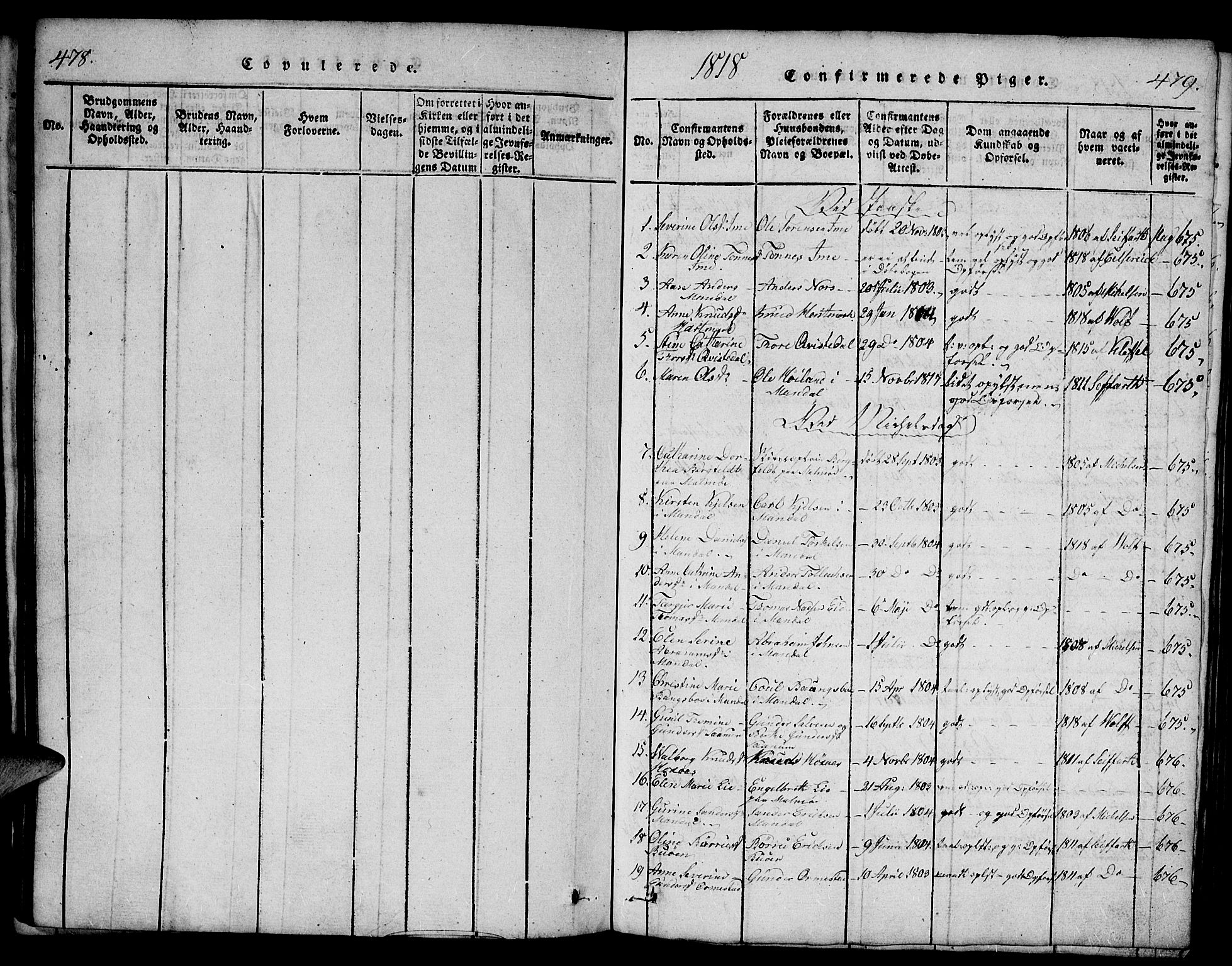 Mandal sokneprestkontor, AV/SAK-1111-0030/F/Fb/Fba/L0001: Parish register (copy) no. B 1, 1818-1830, p. 478-479